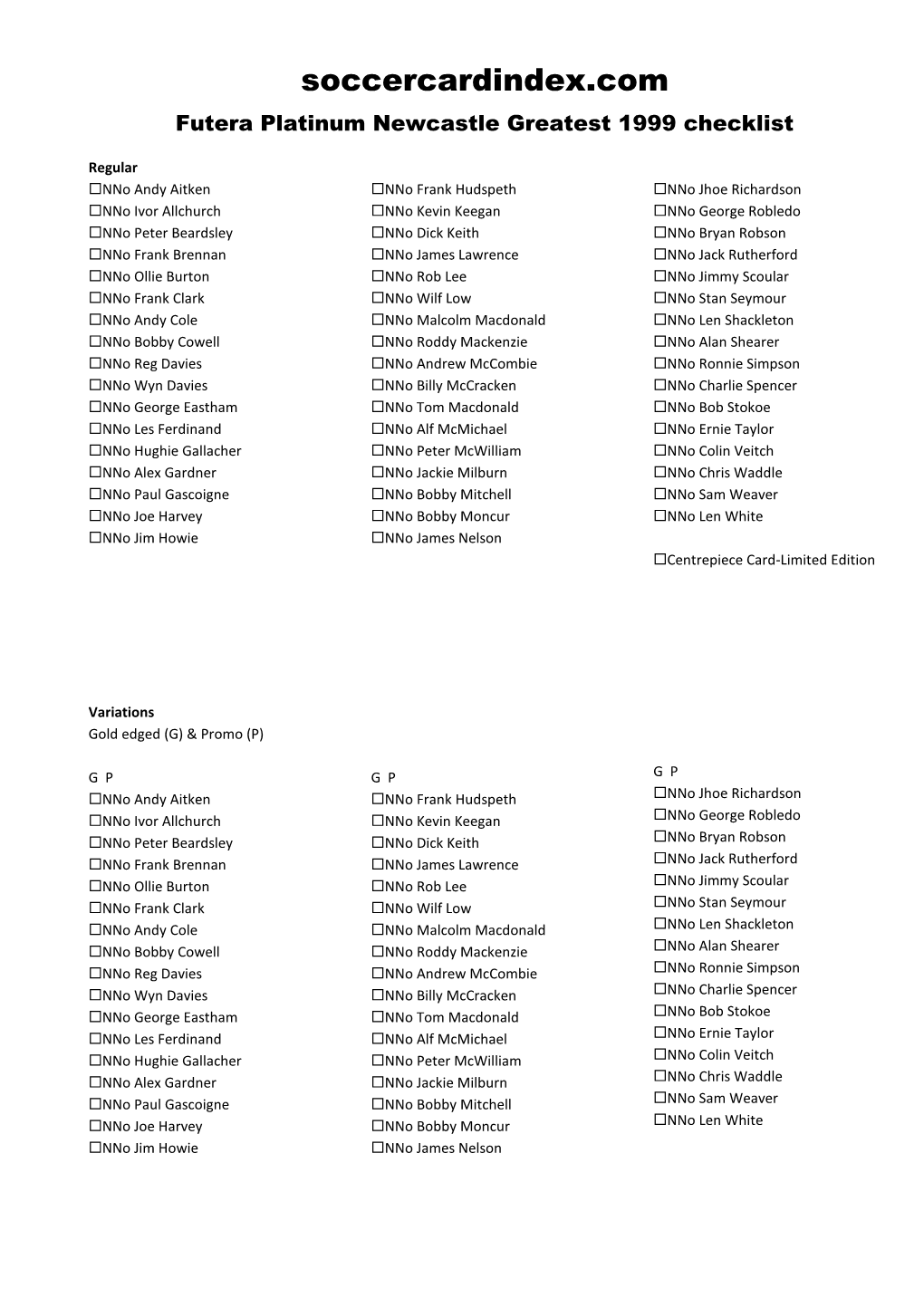 Futera Platinum Newcastle Greatest 1999 Checklist