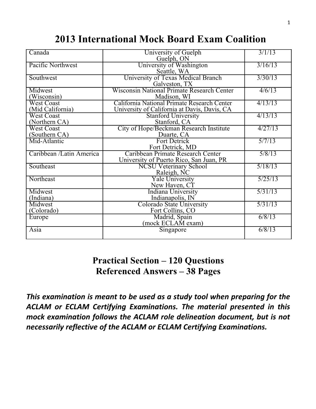 2013 International Mock Board Exam Coalition