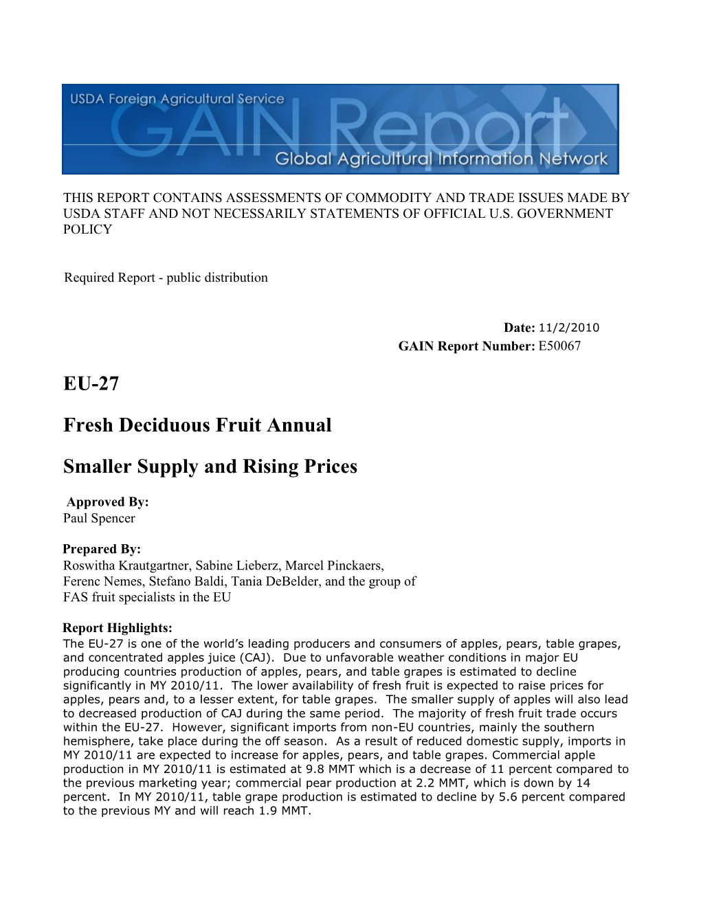 Smaller Supply and Rising Prices Fresh Deciduous Fruit Annual EU-27