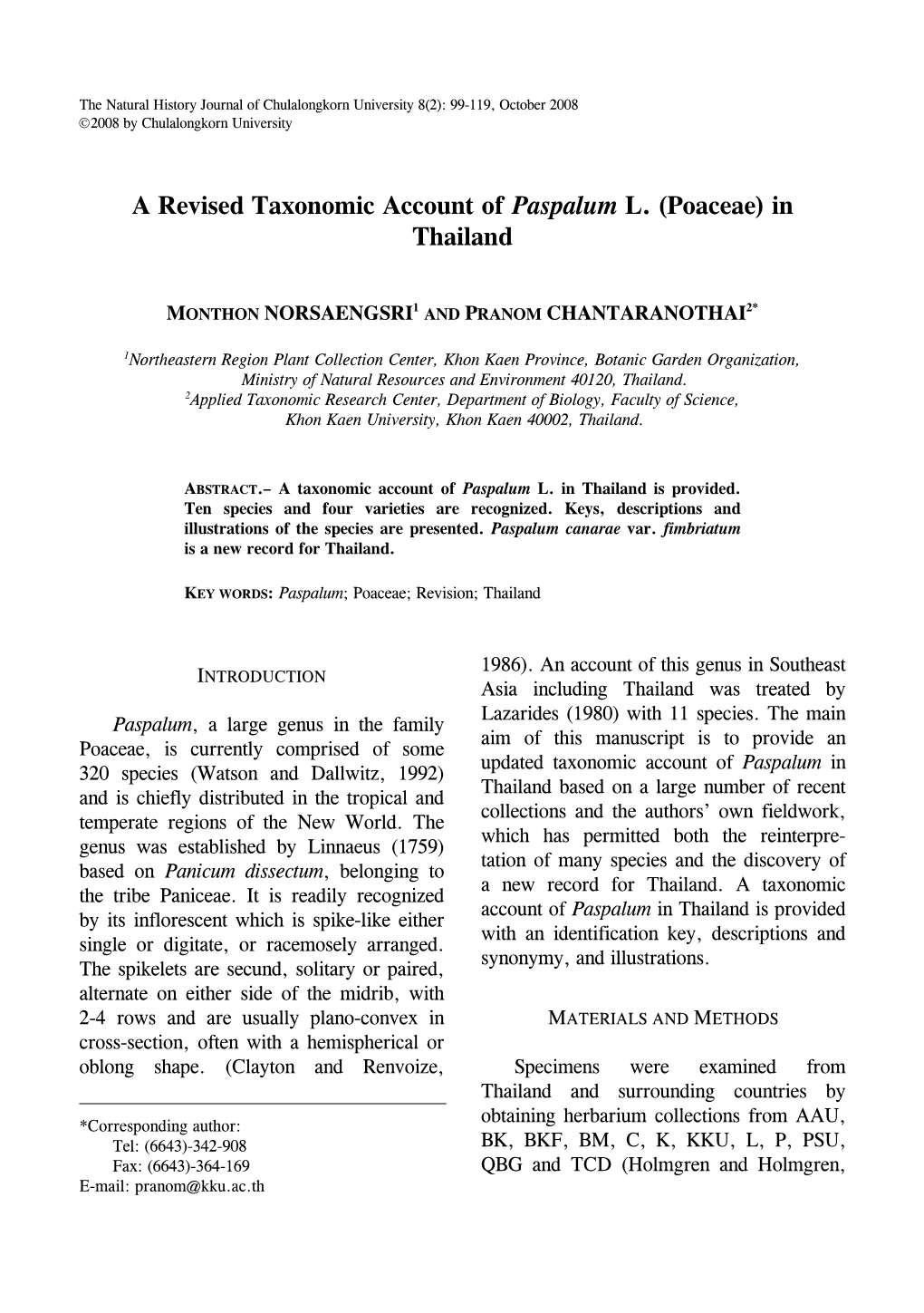 A Revised Taxonomic Account of Paspalum L. (Poaceae) in Thailand