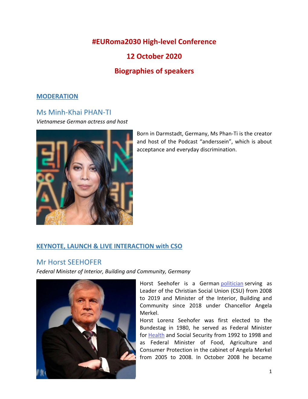 Euroma2030 High-Level Conference 12 October 2020 Biographies of Speakers