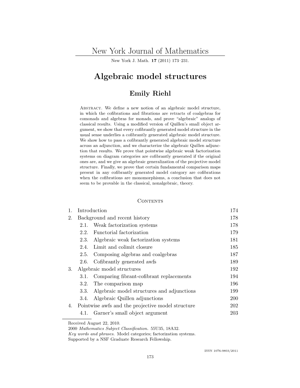 New York Journal of Mathematics Algebraic Model Structures
