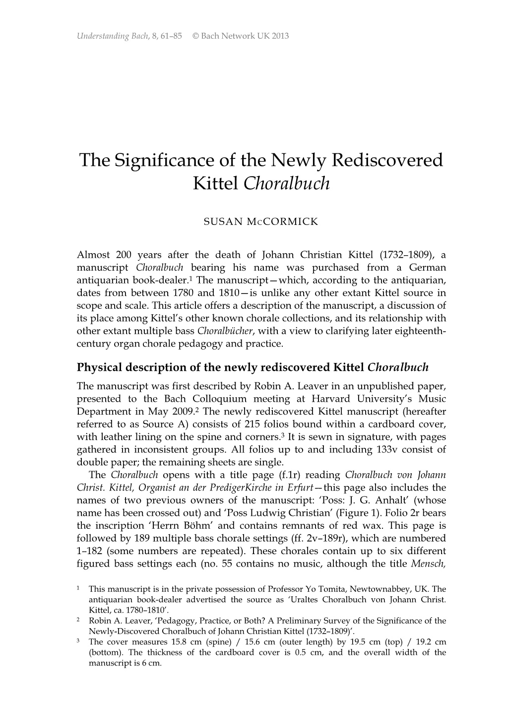 The Significance of the Newly Rediscovered Kittel Choralbuch