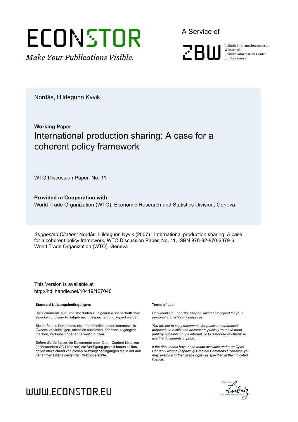 International Production Sharing: a Case for a Coherent Policy Framework