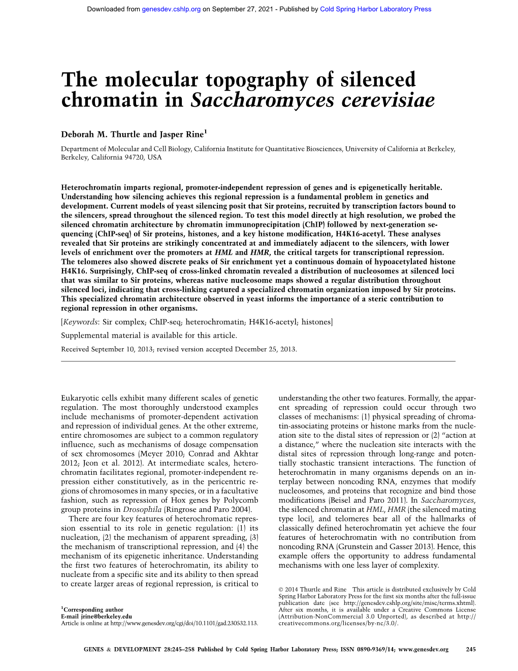 The Molecular Topography of Silenced Chromatin in Saccharomyces Cerevisiae