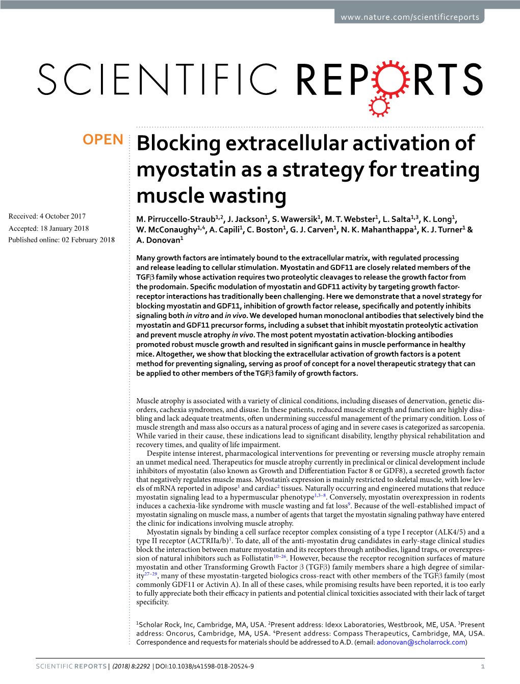 Blocking Extracellular Activation of Myostatin As a Strategy for Treating Muscle Wasting Received: 4 October 2017 M