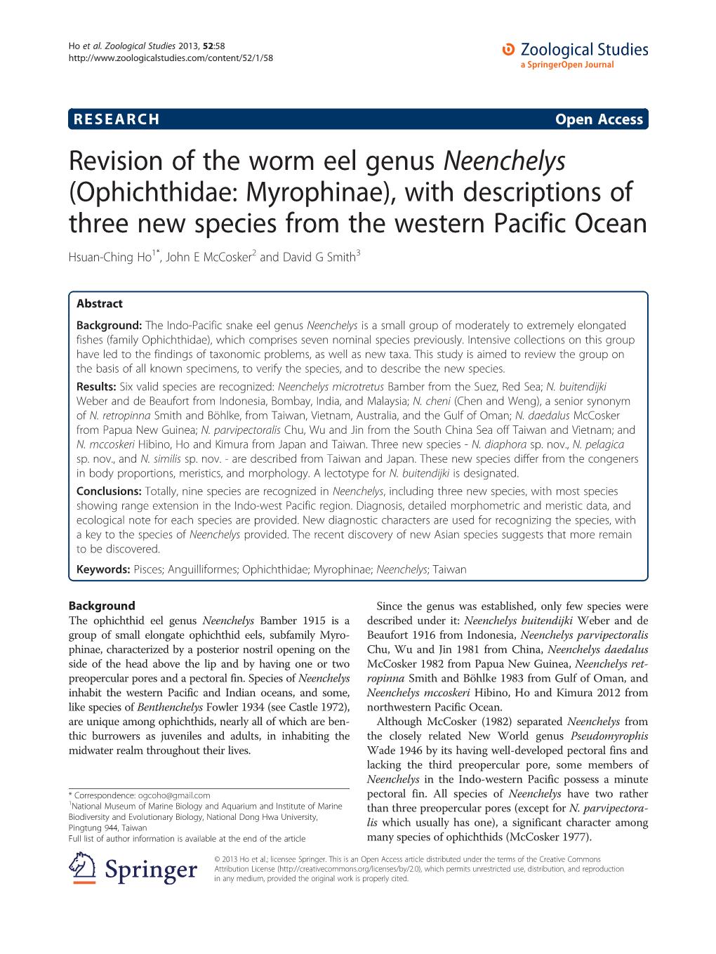 Ophichthidae: Myrophinae), with Descriptions of Three New Species from the Western Pacific Ocean Hsuan-Ching Ho1*, John E Mccosker2 and David G Smith3