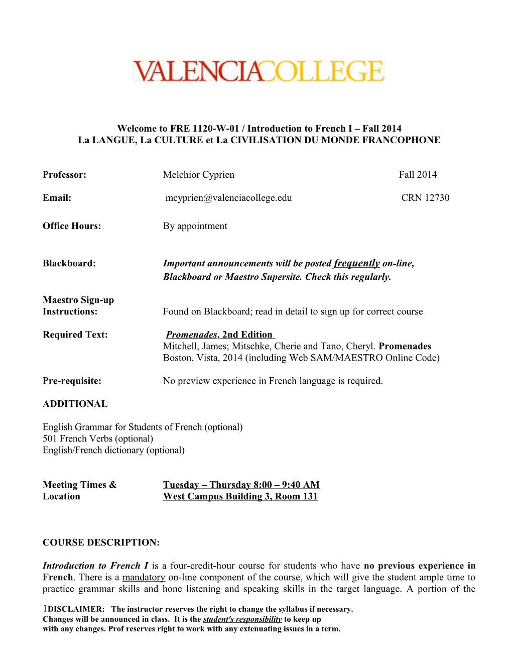 FRE 1120 Syllabus Spring 2014