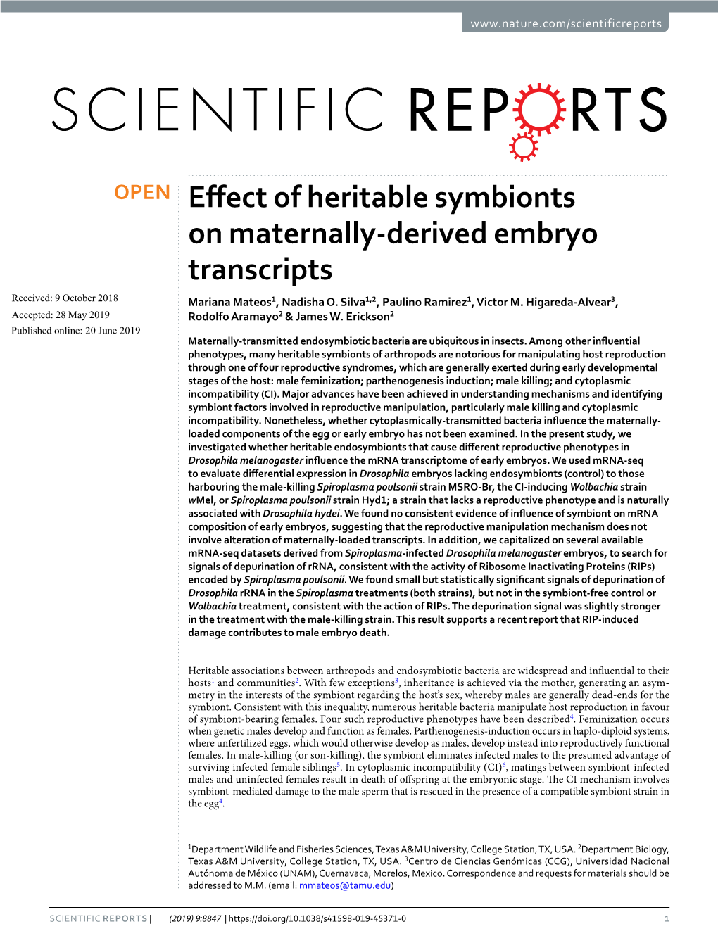 Effect of Heritable Symbionts on Maternally-Derived Embryo Transcripts