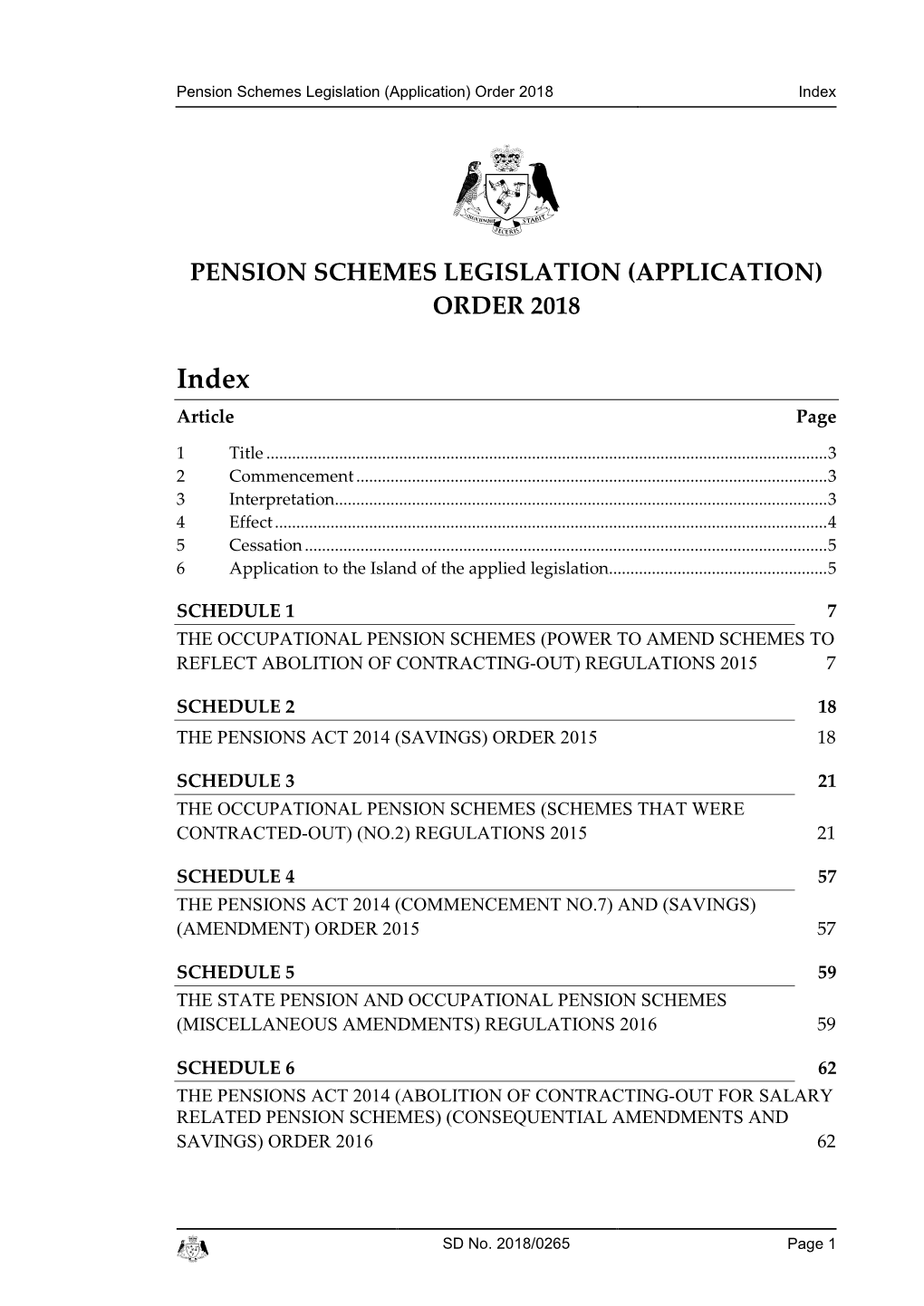 Pension Schemes Legislation (Application) Order 2018 Index