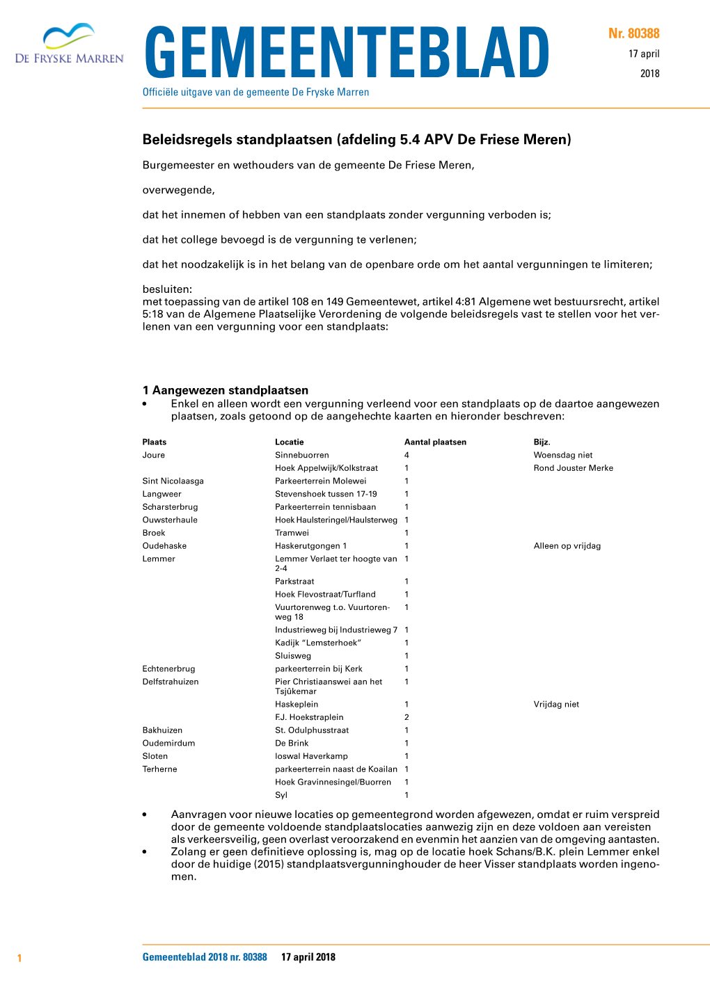 Beleidsregels Standplaatsen (Afdeling 5.4 APV De Friese Meren)