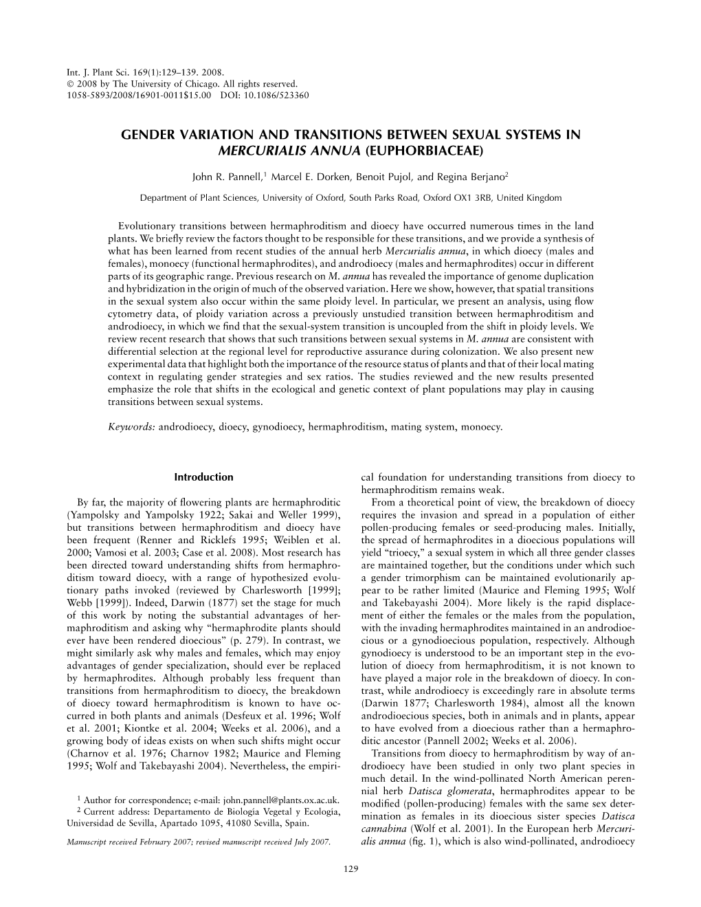 Gender Variation and Transitions Between Sexual Systems in Mercurialis Annua (Euphorbiaceae)