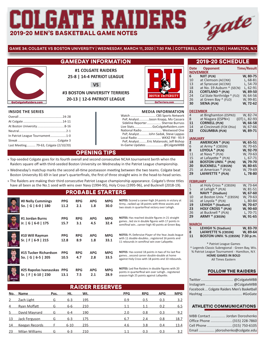 2019-20 Men's Basketball Game Notes