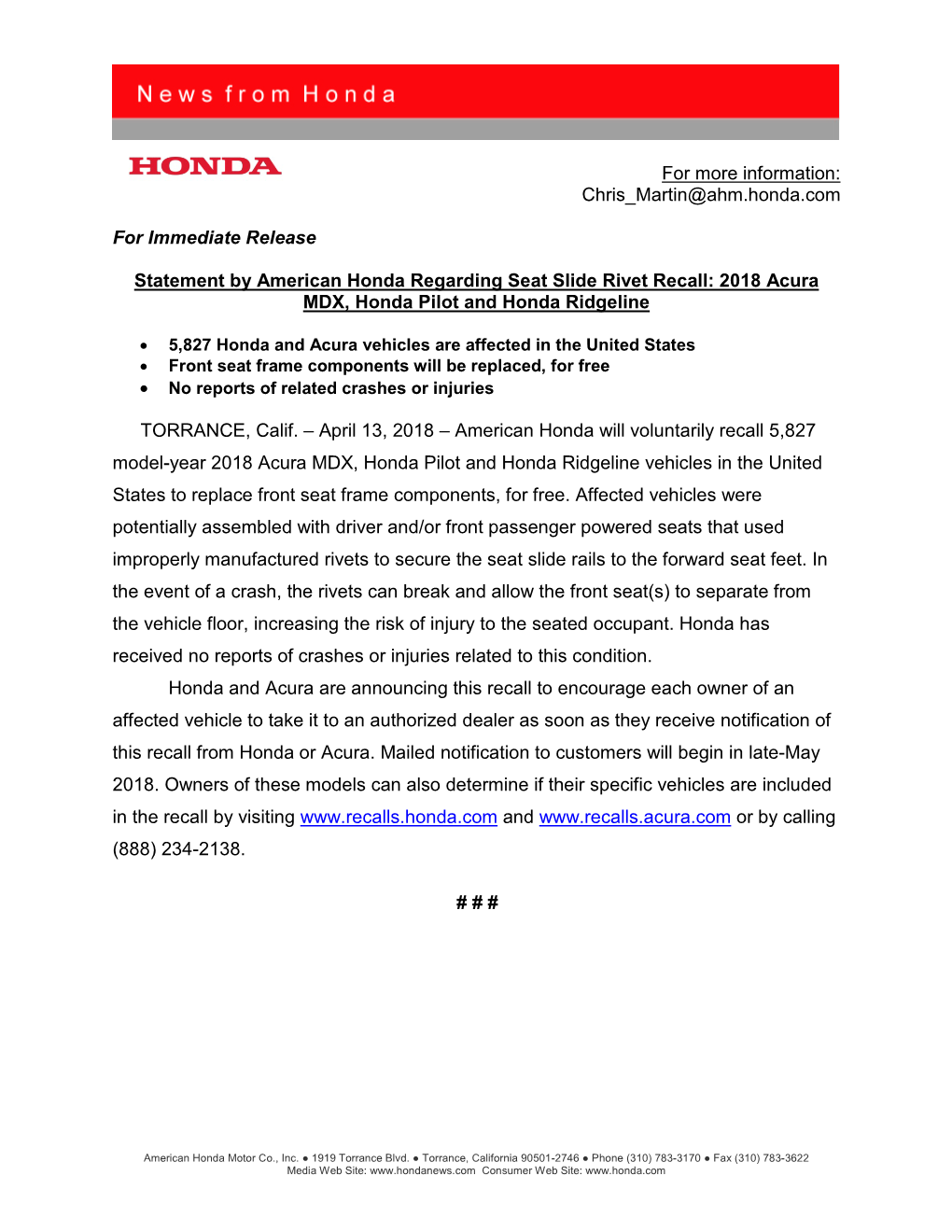 2018 Acura MDX, Honda Pilot and Honda Ridgeline