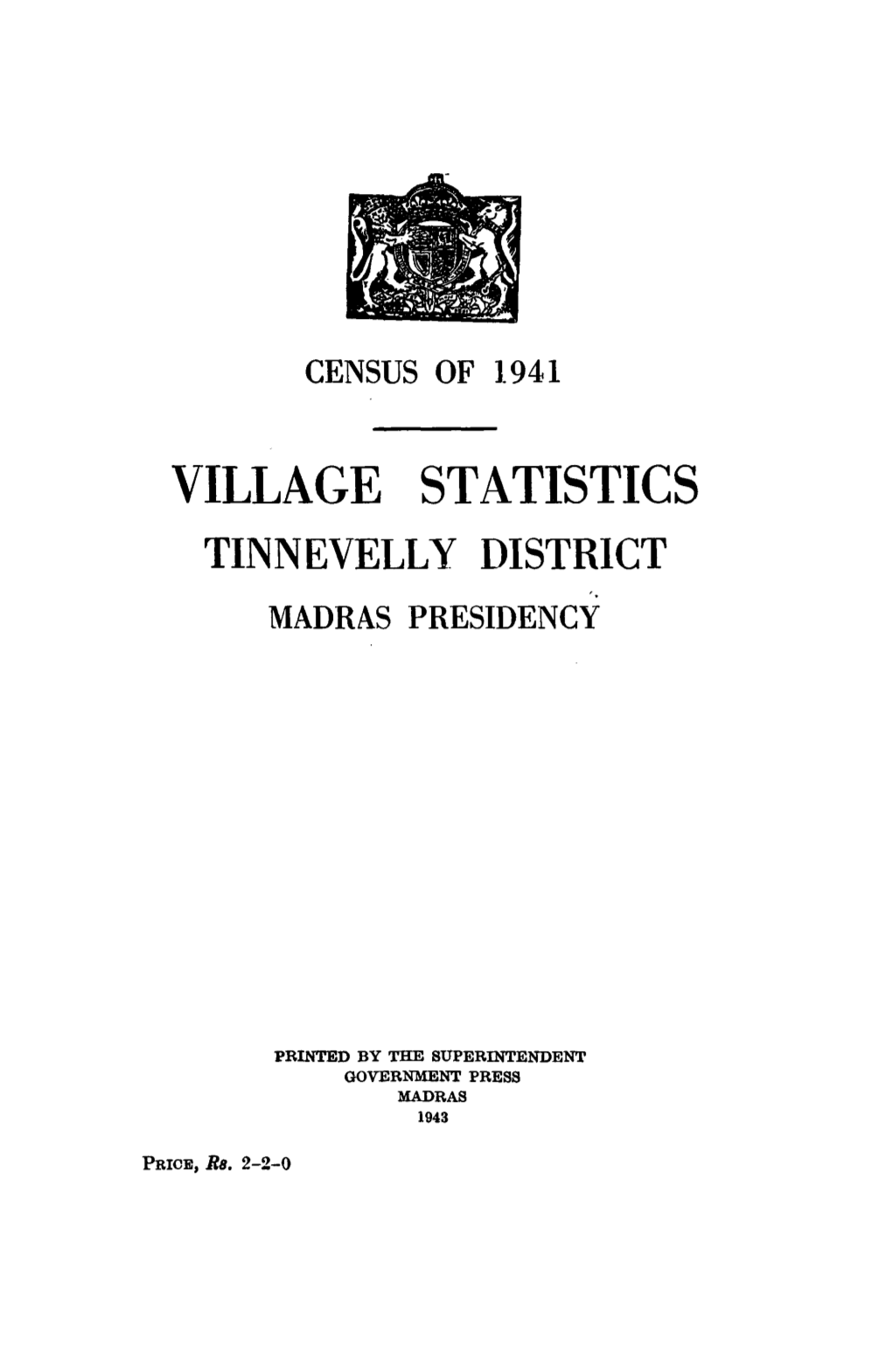 Village Statistics Tinnevell Y District Madras Presidency