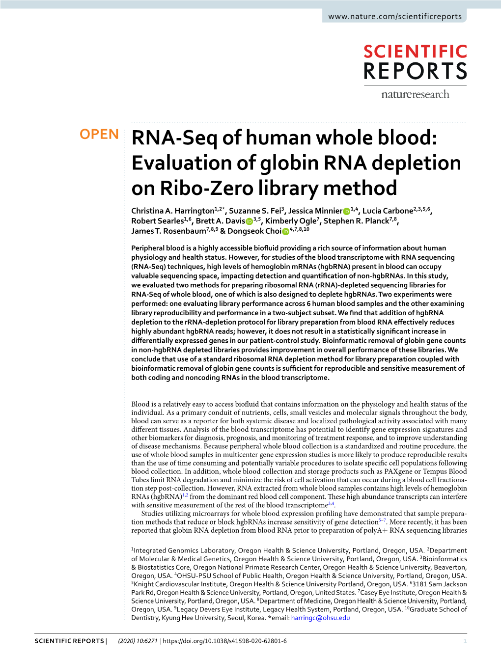Evaluation of Globin RNA Depletion on Ribo-Zero Library Method Christina A