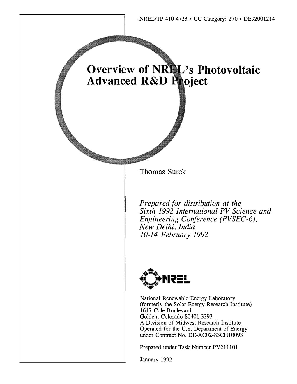 Overview of NREL's Photovoltaic Advanced R&D Project