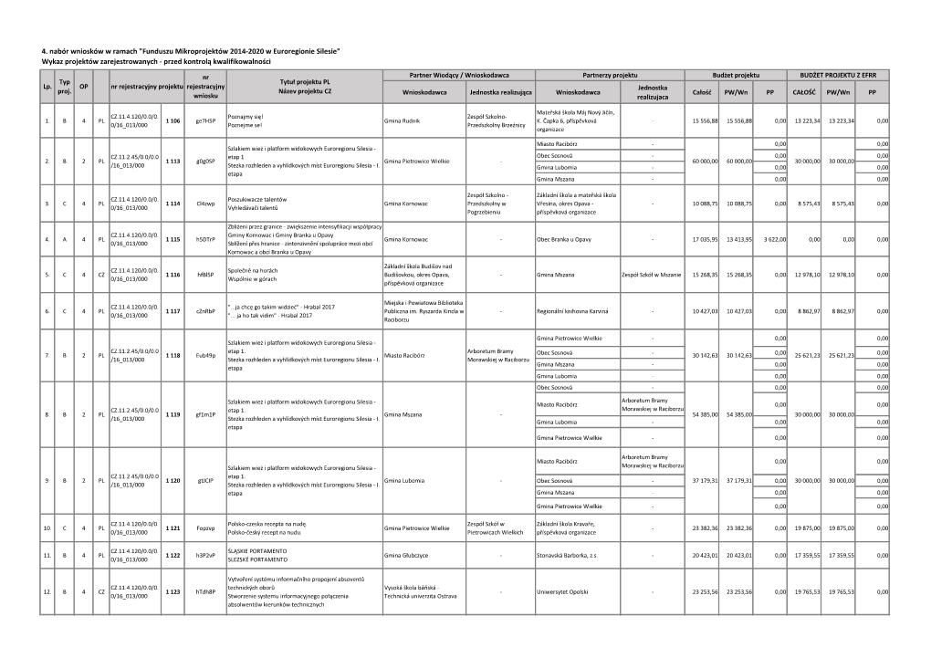 4. Nabór Wniosków W Ramach "Funduszu Mikroprojektów 2014-2020 W Euroregionie Silesie" Wykaz Projektów Zarejestrowanych - Przed Kontrolą Kwalifikowalności