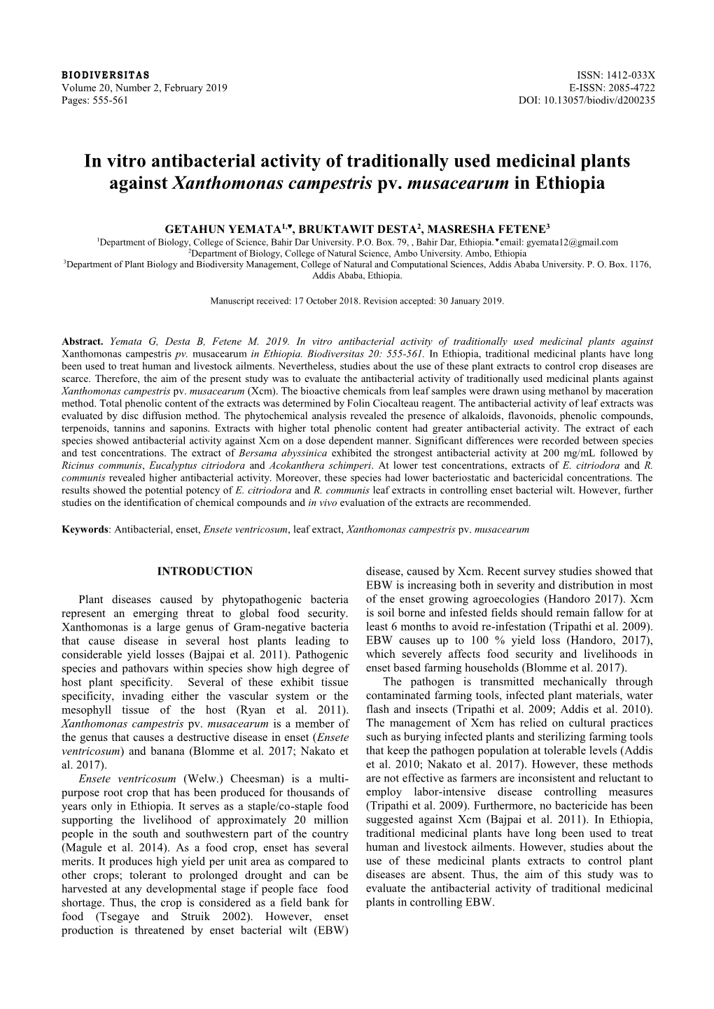 In Vitro Antibacterial Activity of Traditionally Used Medicinal Plants Against Xanthomonas Campestris Pv. Musacearum in Ethiopia