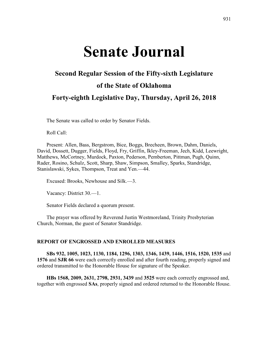 Senate Journal Apr 26, 2018