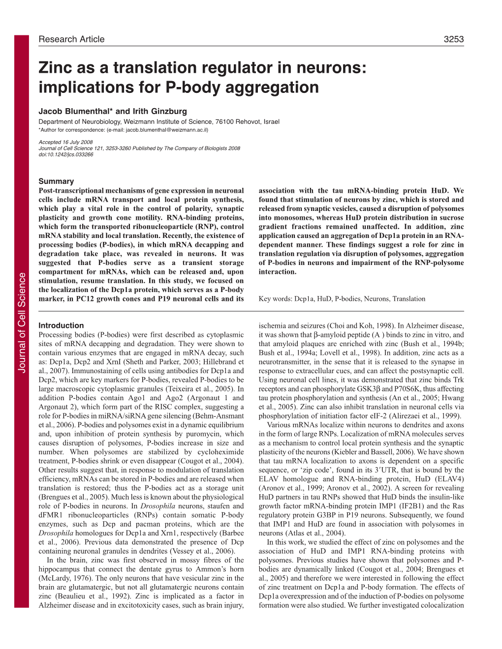 Zinc As a Translation Regulator in Neurons: Implications for P-Body Aggregation