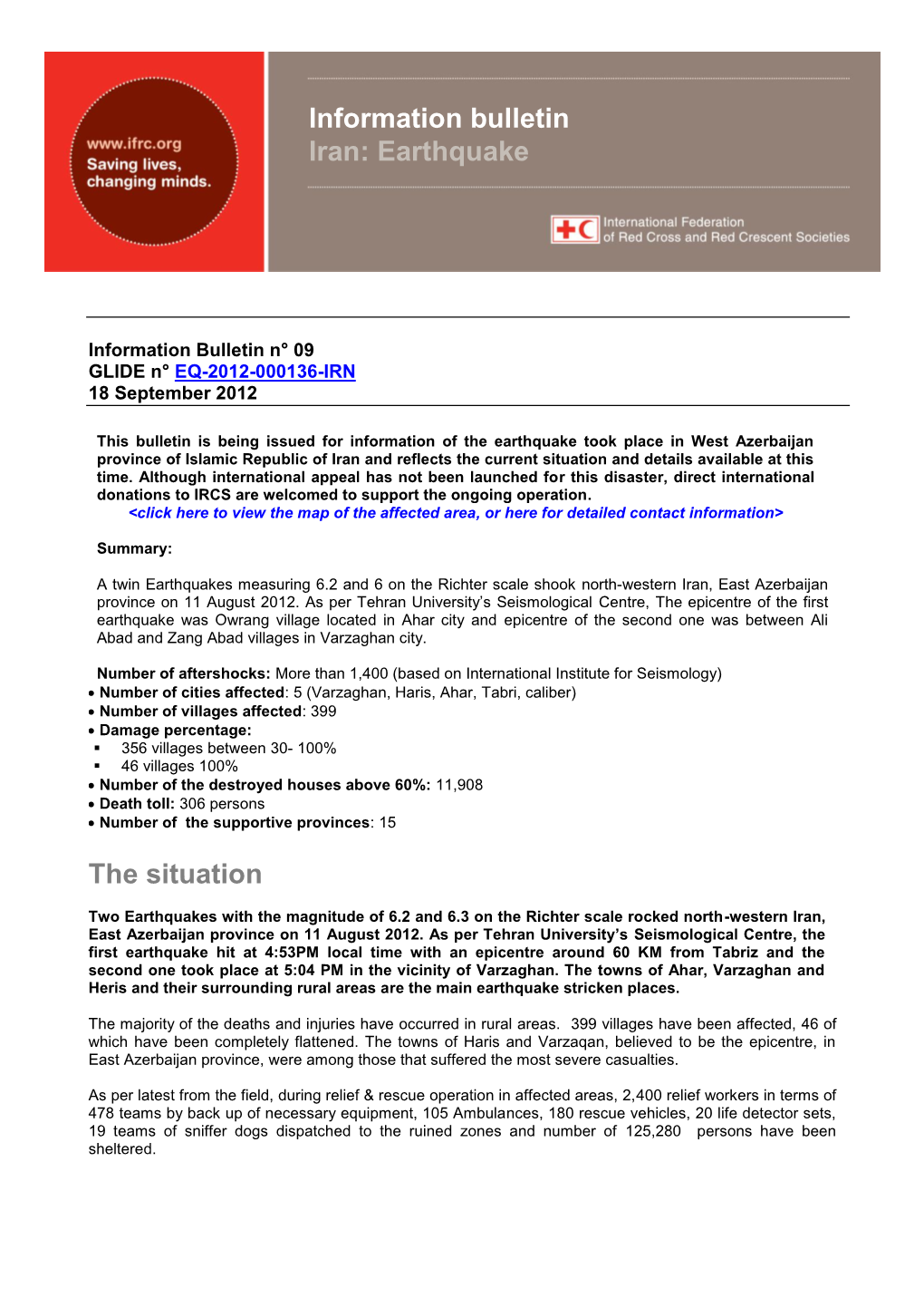 The Situation Information Bulletin Iran: Earthquake