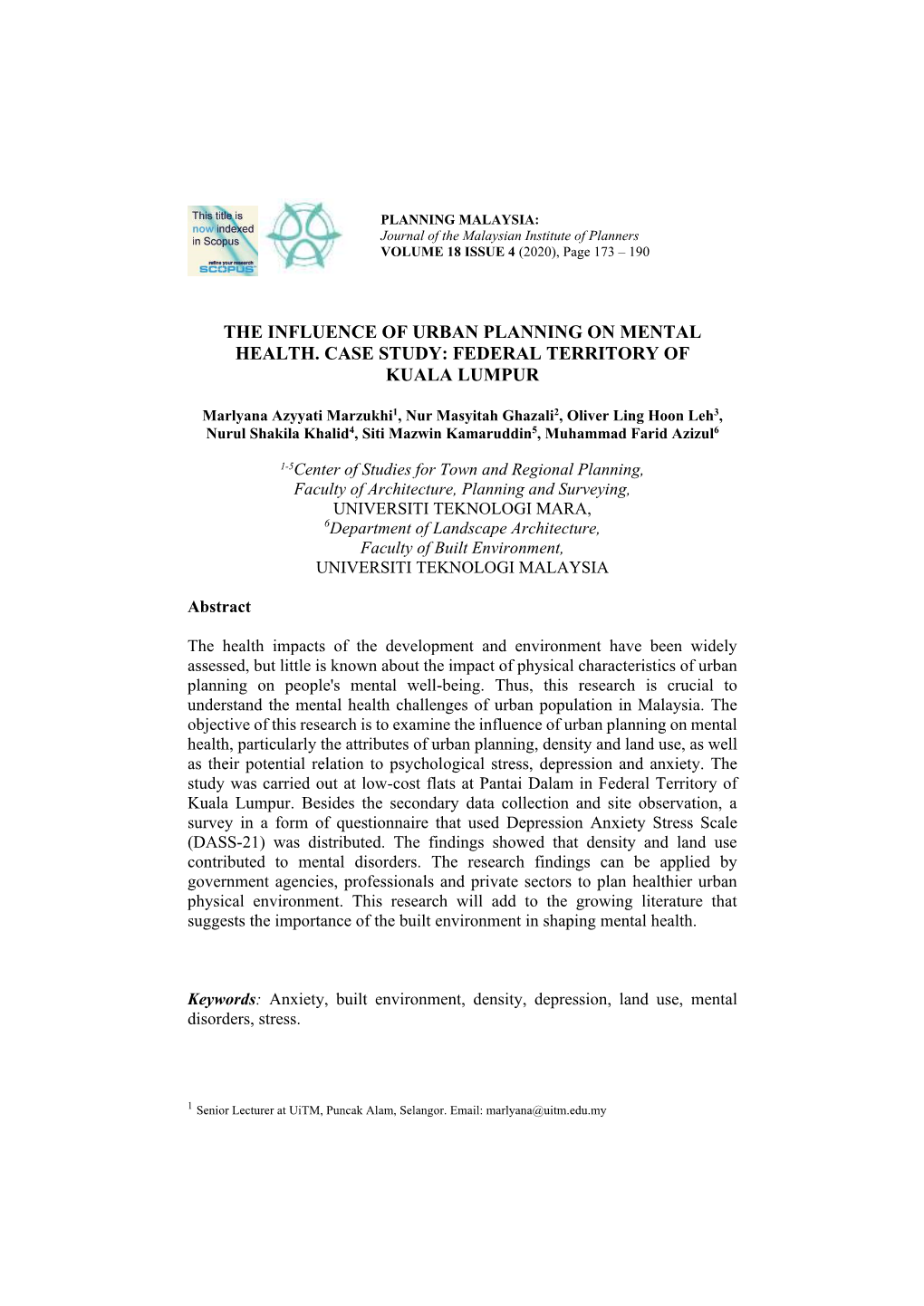 The Influence of Urban Planning on Mental Health. Case Study: Federal Territory of Kuala Lumpur