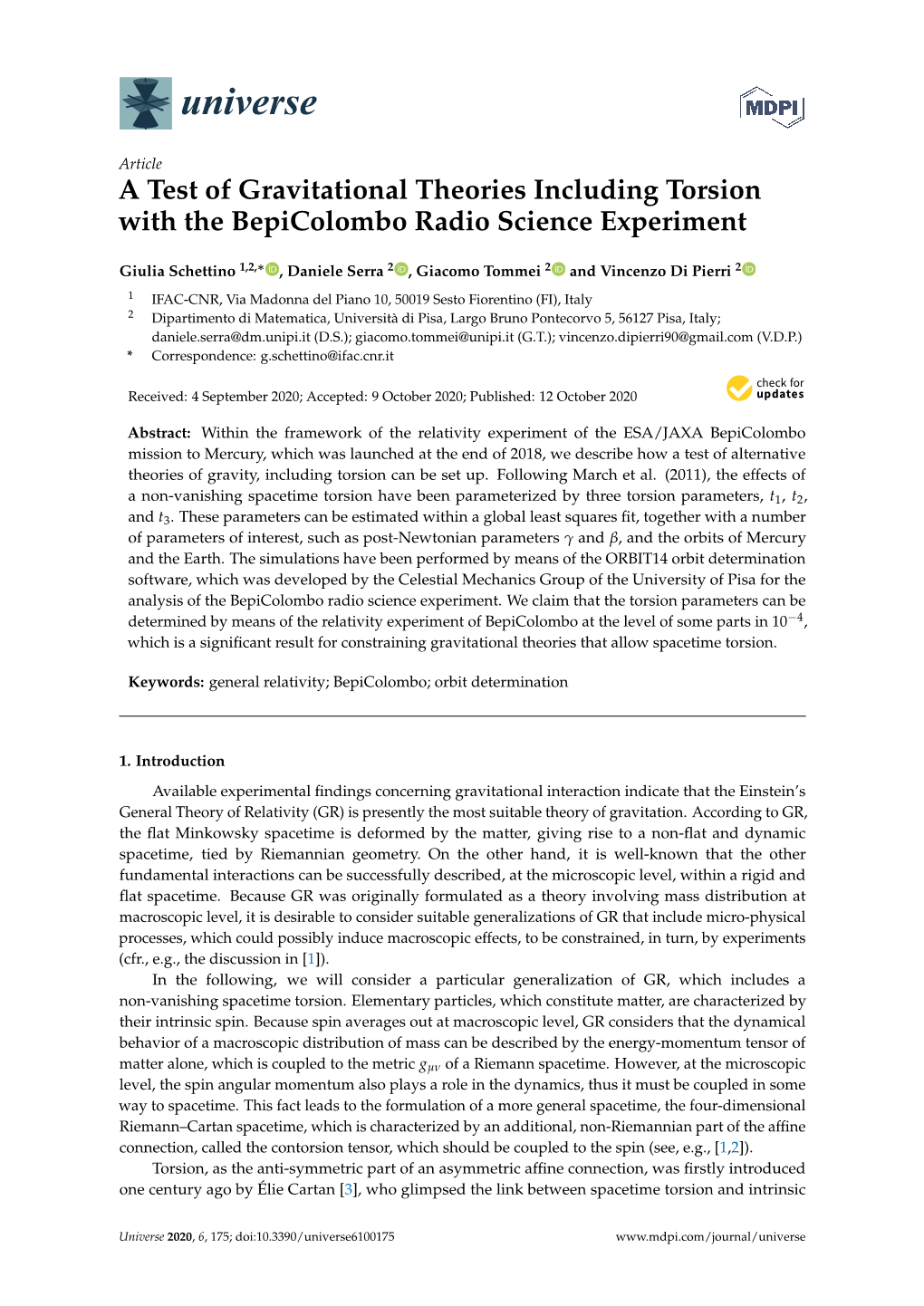 A Test of Gravitational Theories Including Torsion with the Bepicolombo Radio Science Experiment