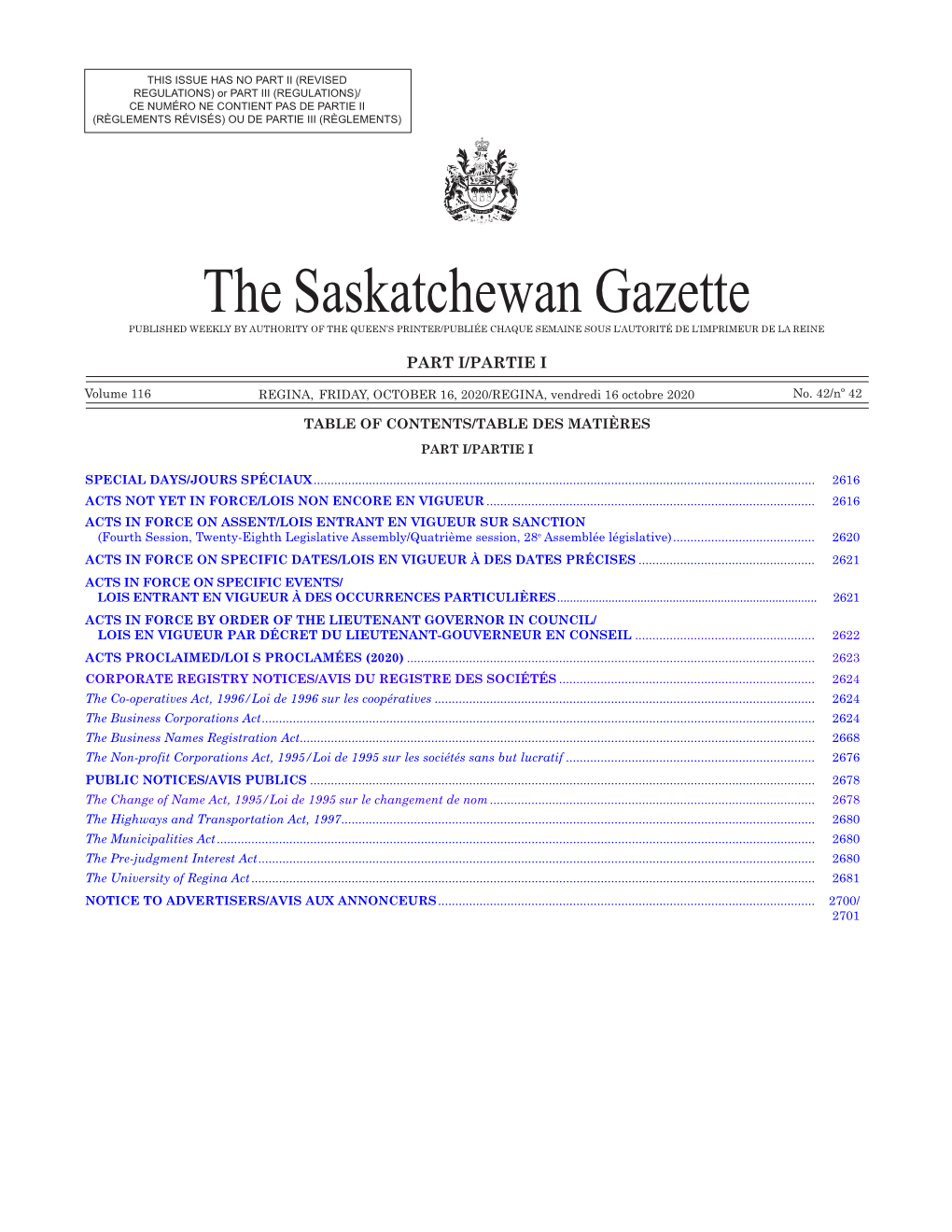 Gazette Part I, October 16, 2020