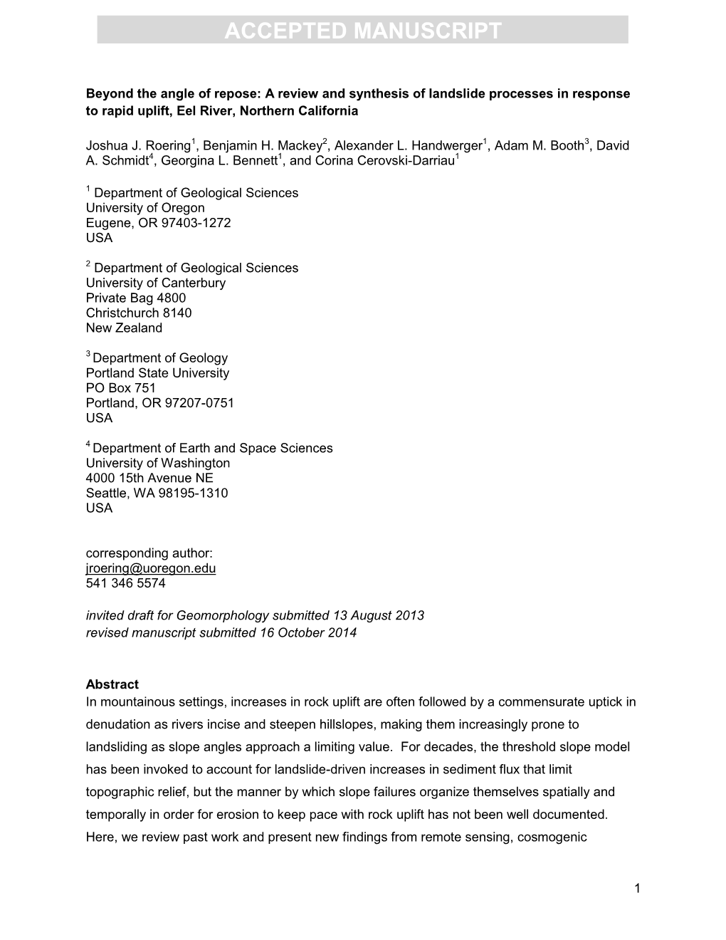 A Review and Synthesis of Landslide Processes in Response to Rapid Uplift, Eel River, Northern Eel R