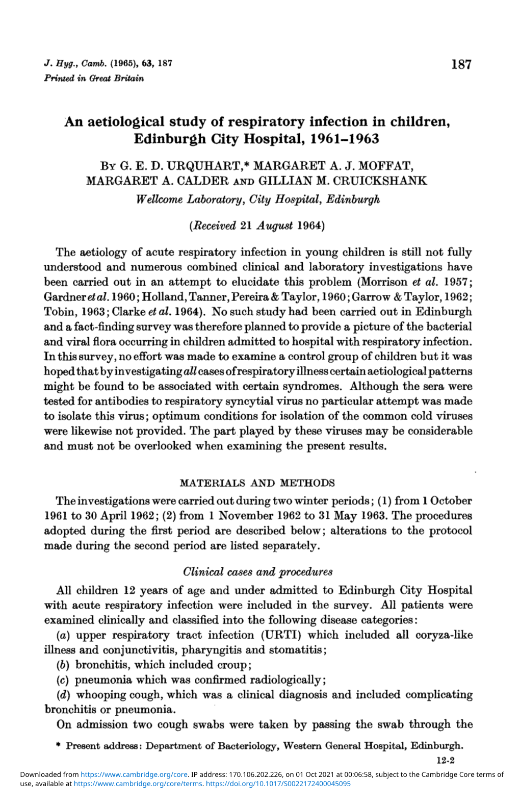 An Aetiological Study of Respiratory Infection in Children, Edinburgh City Hospital, 1961-1963