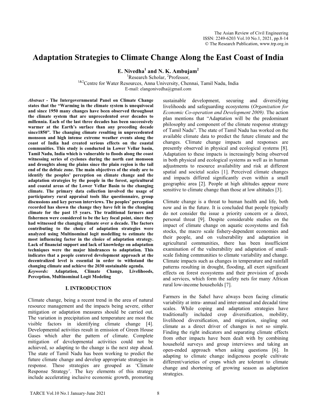 Adaptation Strategies to Climate Change Along the East Coast of India