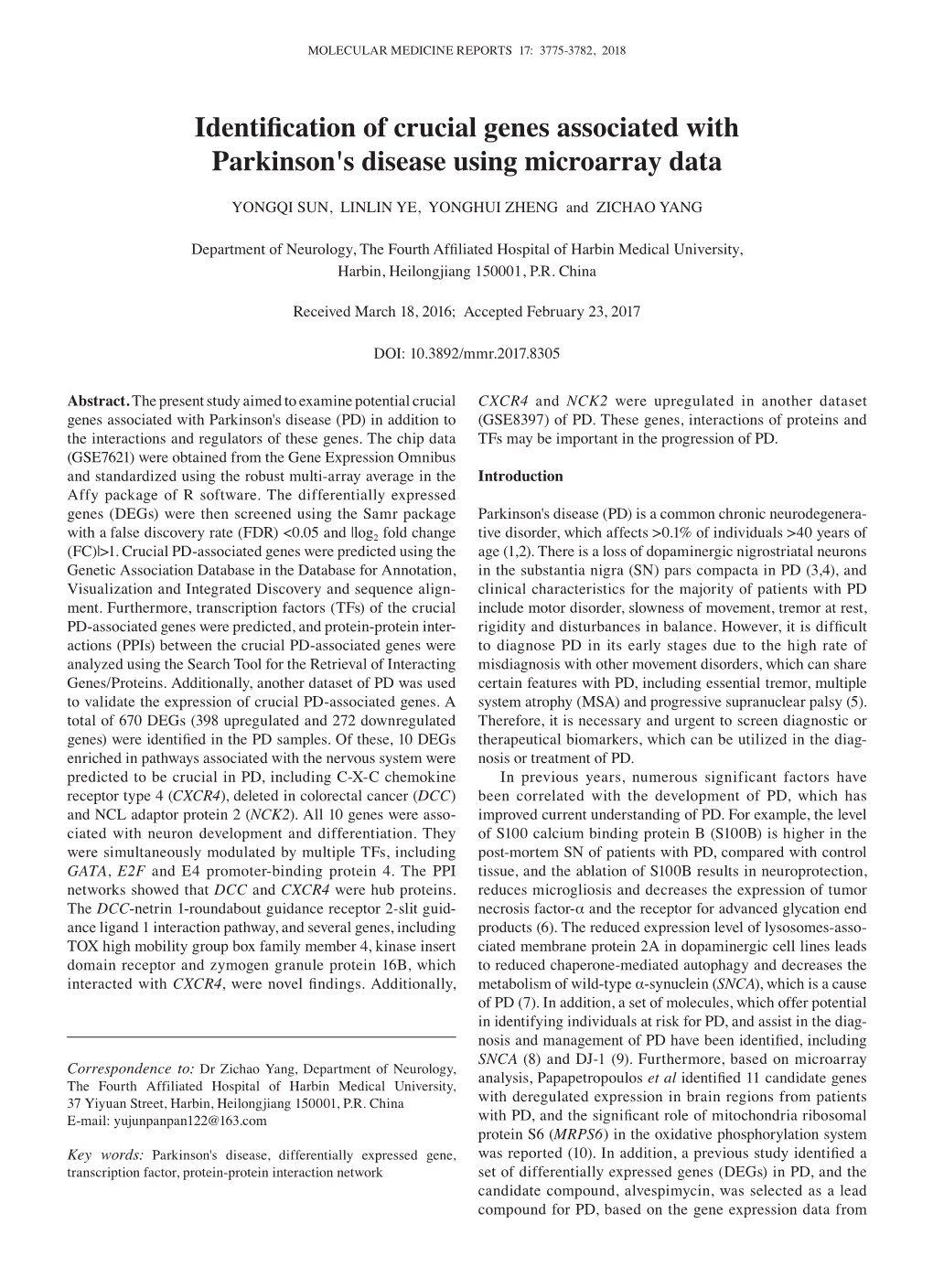 Identification of Crucial Genes Associated with Parkinson's Disease Using Microarray Data