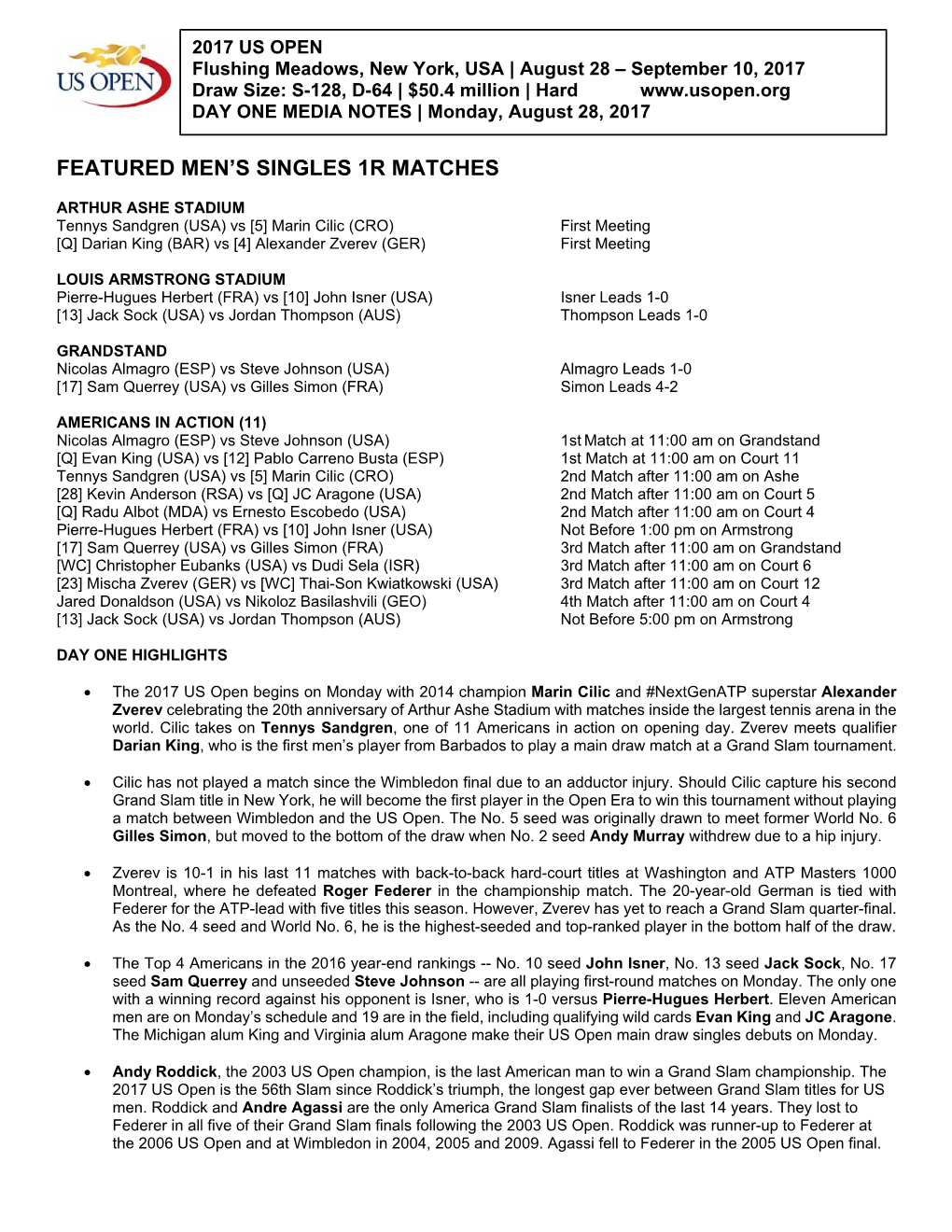 Featured Men's Singles 1R Matches