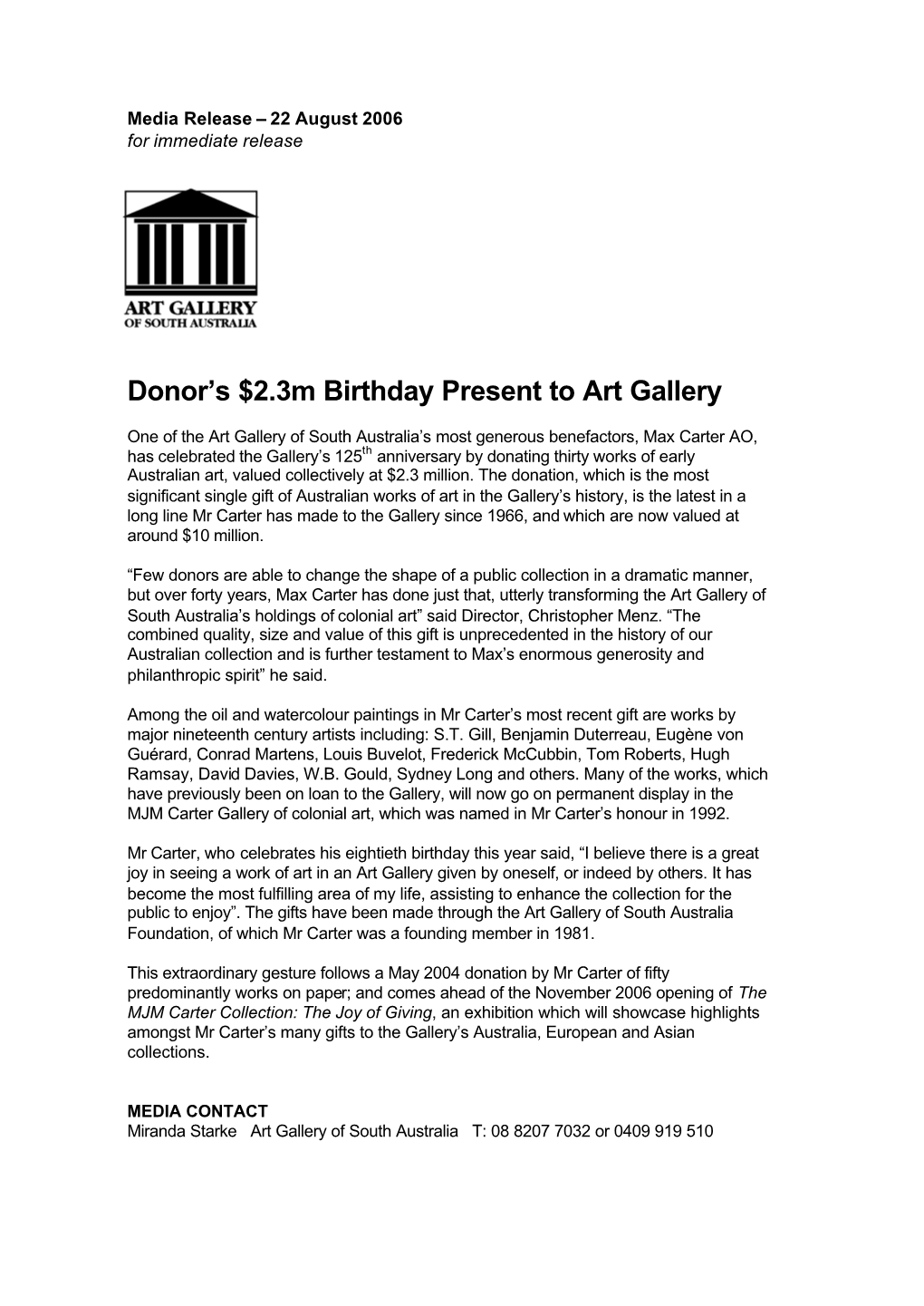 Donor's $2.3M Birthday Present to Art Gallery
