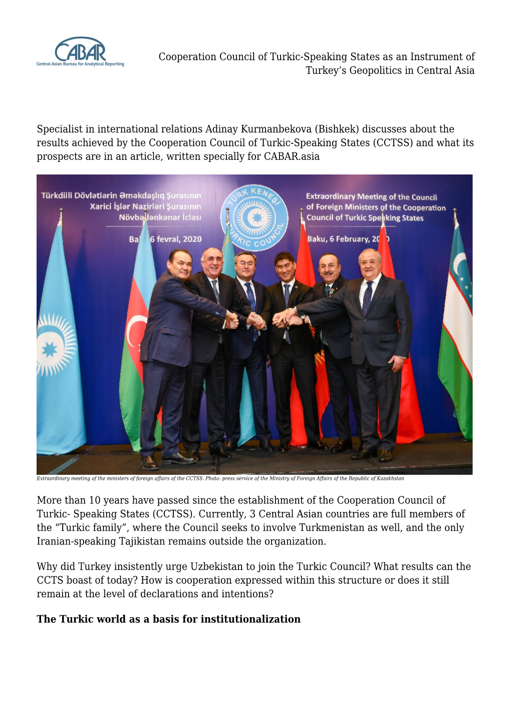 Cooperation Council of Turkic-Speaking States As an Instrument of Turkey’S Geopolitics in Central Asia