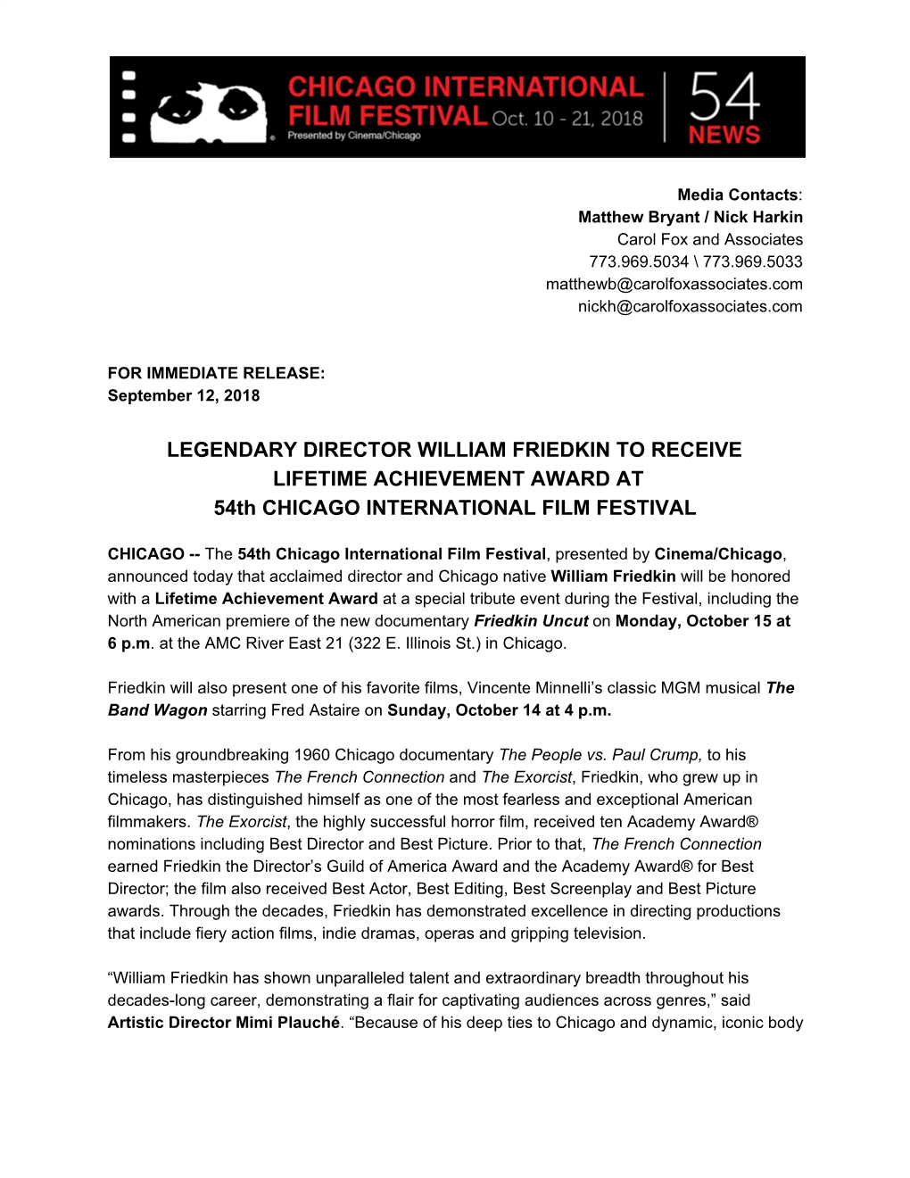 LEGENDARY DIRECTOR WILLIAM FRIEDKIN to RECEIVE LIFETIME ACHIEVEMENT AWARD at 54Th CHICAGO INTERNATIONAL FILM FESTIVAL