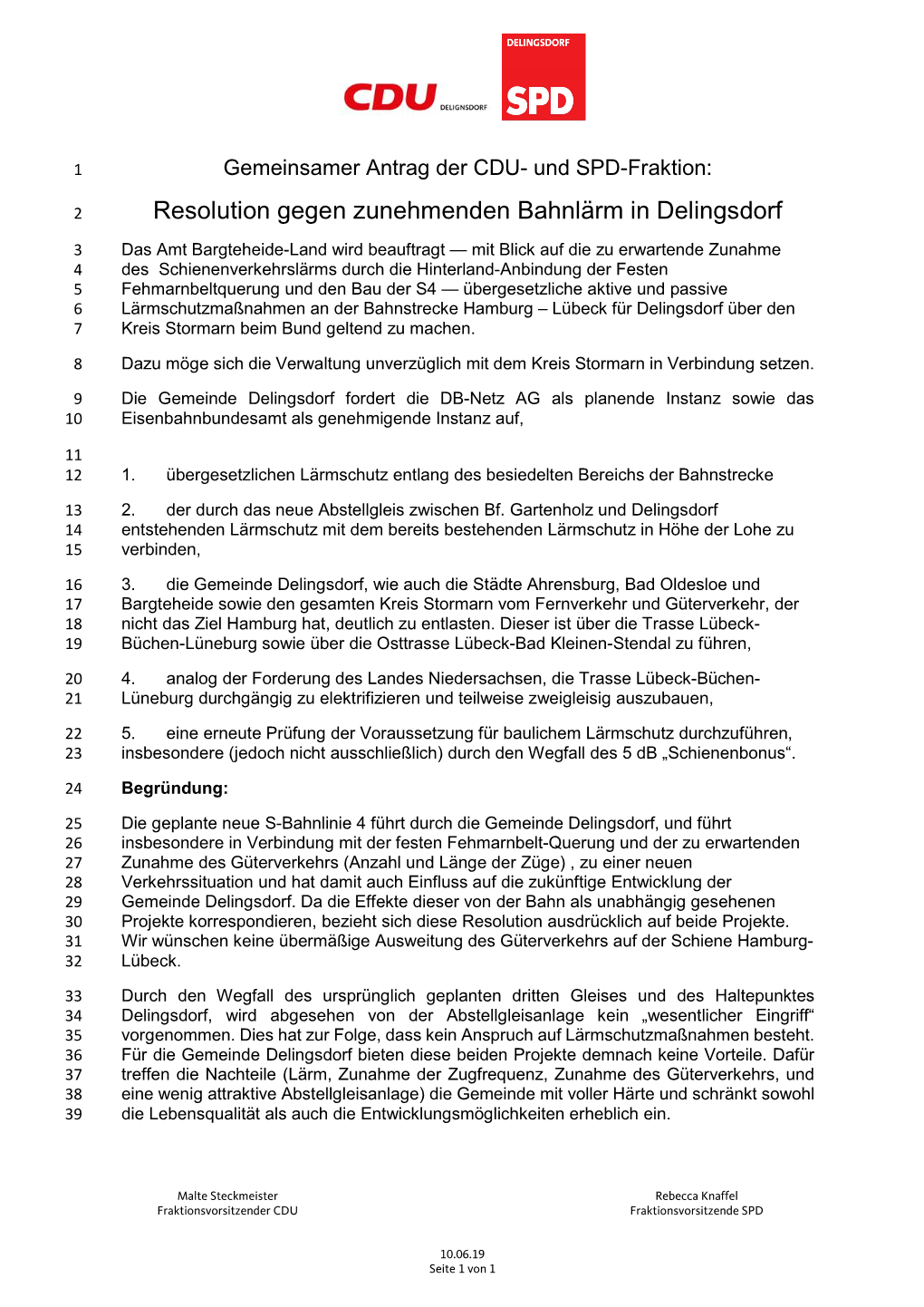 Resolution Gegen Zunehmenden Bahnlärm in Delingsdorf