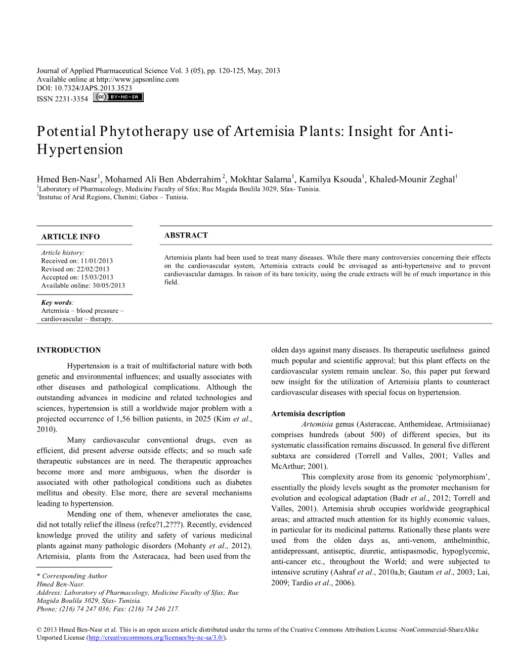 Potential Phytotherapy Use of Artemisia Plants: Insight for Anti- Hypertension