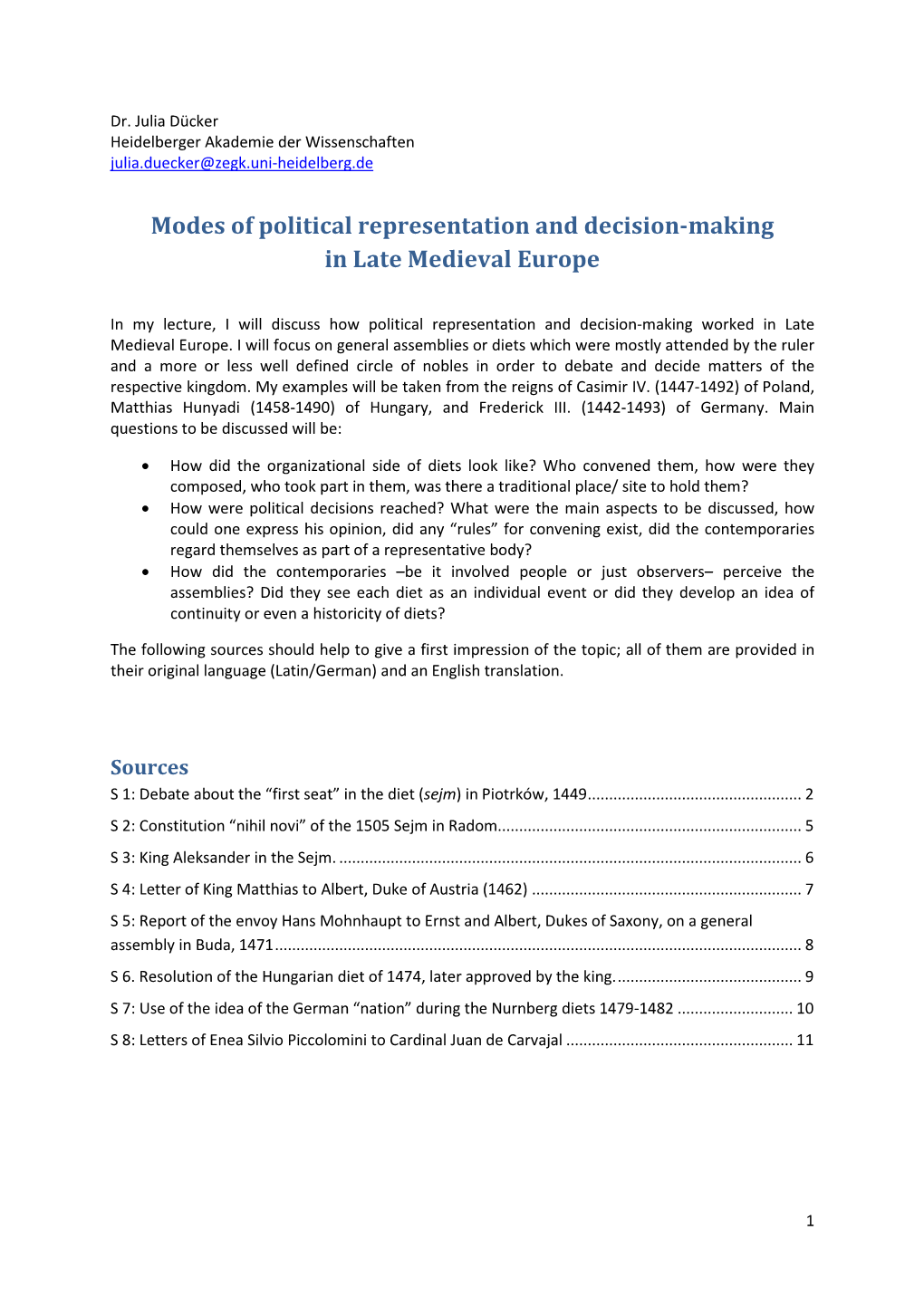 Modes of Political Representation and Decision-Making in Late Medieval Europe