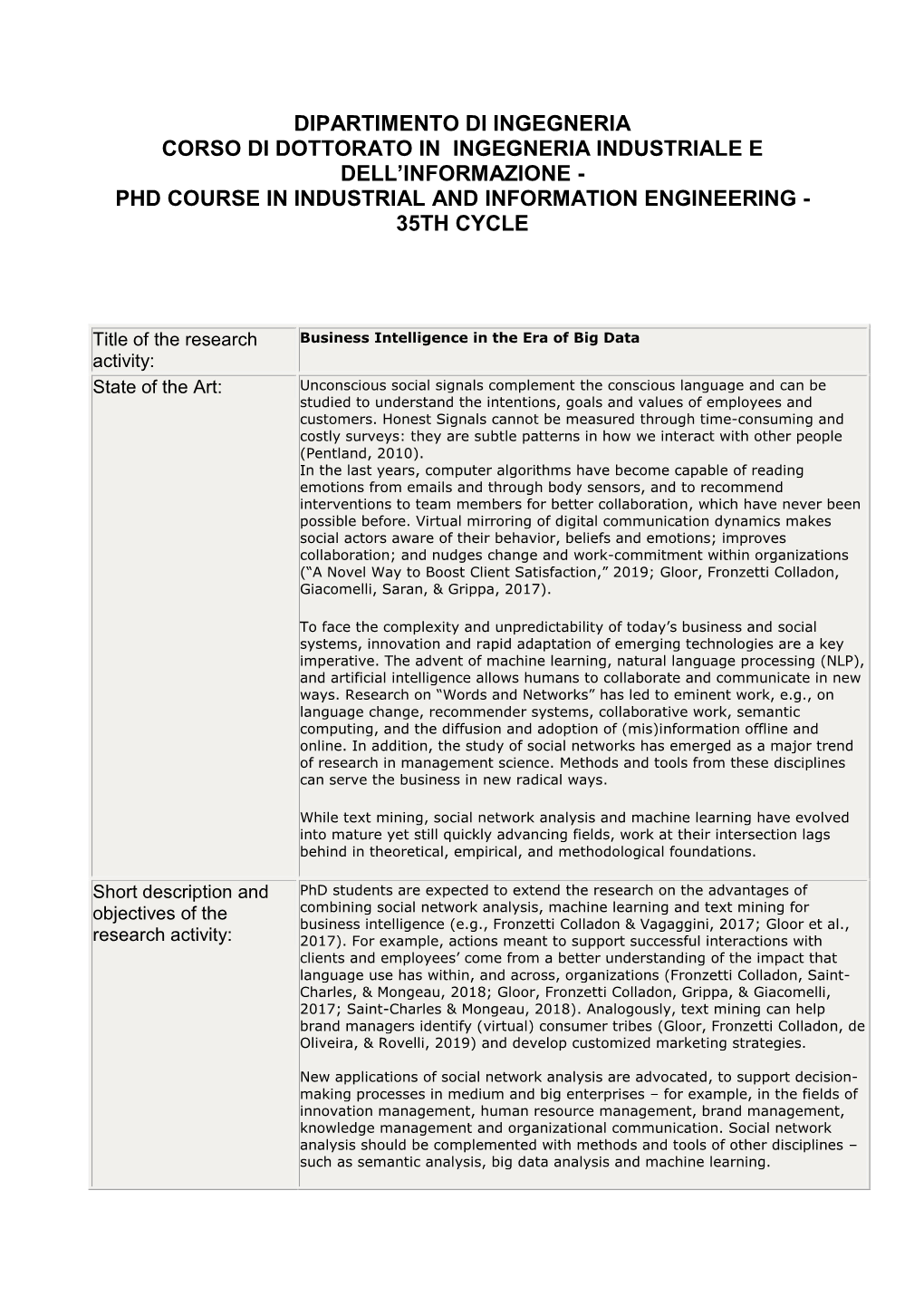 Dipartimento Di Ingegneria Corso Di Dottorato in Ingegneria Industriale E Dell’Informazione - Phd Course in Industrial and Information Engineering - 35Th Cycle