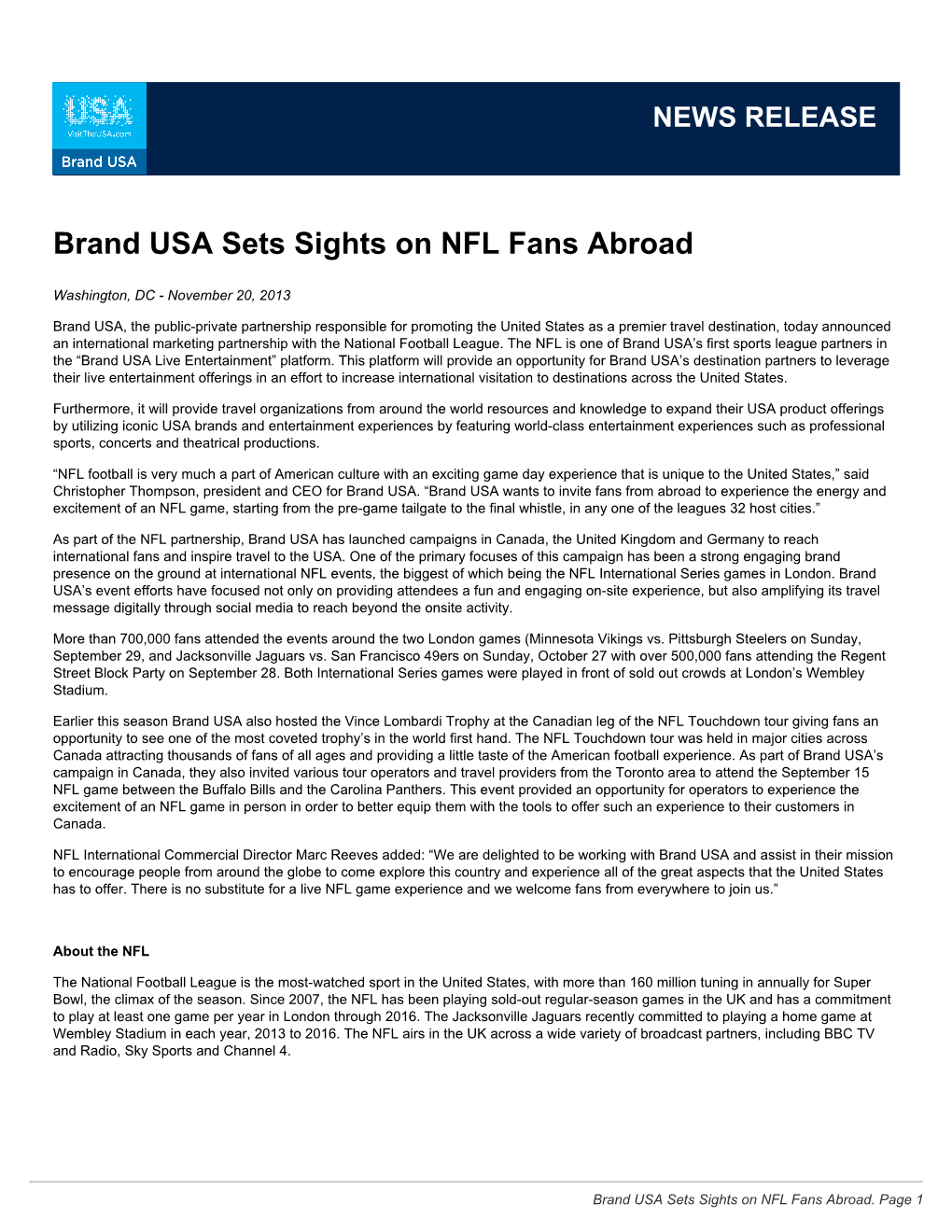 Brand USA Sets Sights on NFL Fans Abroad
