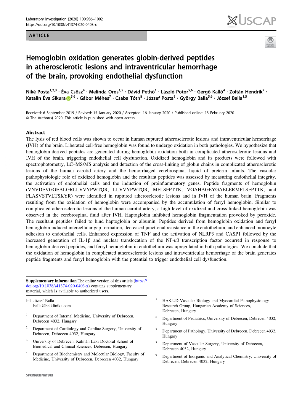 Hemoglobin Oxidation Generates Globin-Derived Peptides in Atherosclerotic Lesions and Intraventricular Hemorrhage of the Brain, Provoking Endothelial Dysfunction