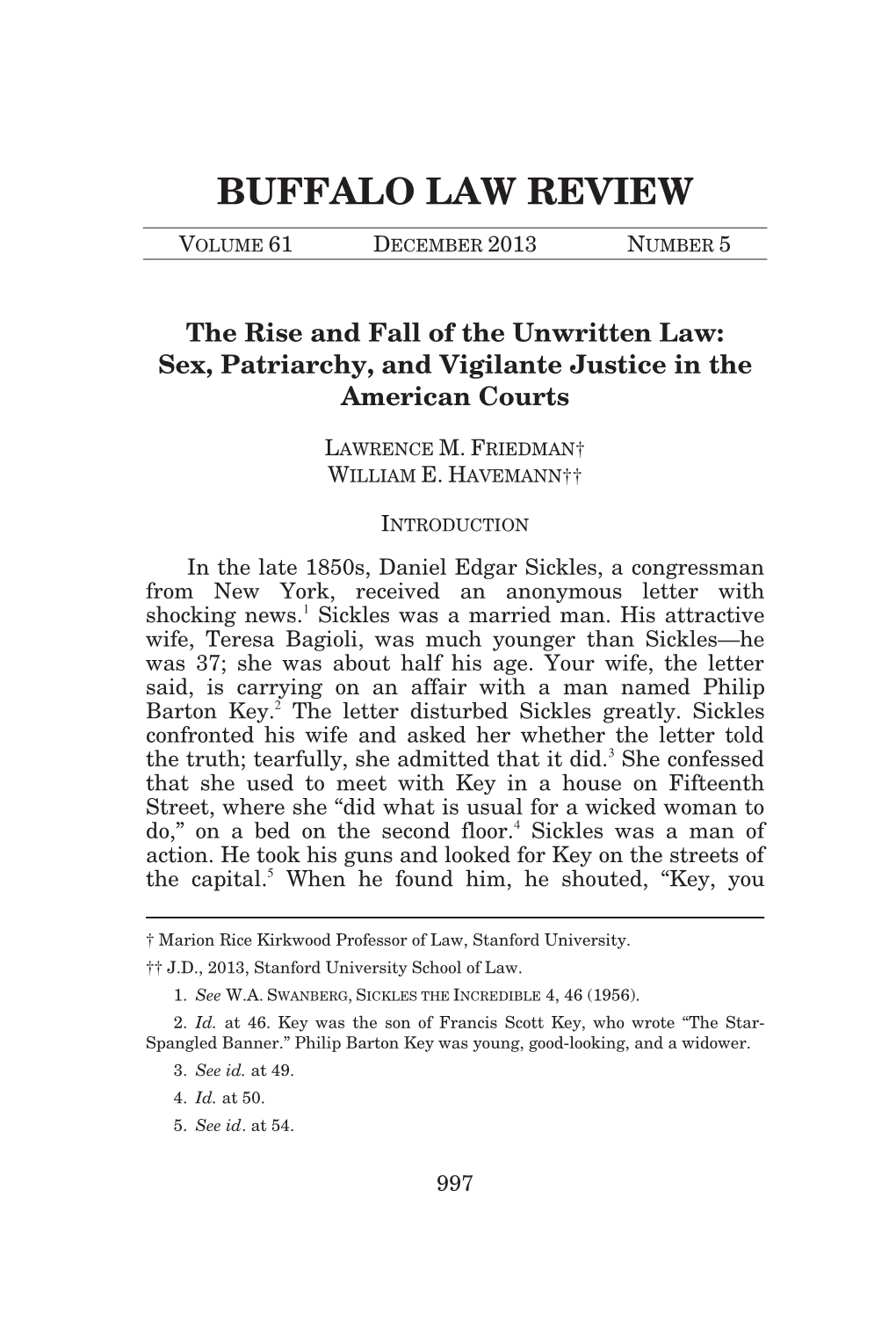 Unwritten Law: Sex, Patriarchy, and Vigilante Justice in the American Courts