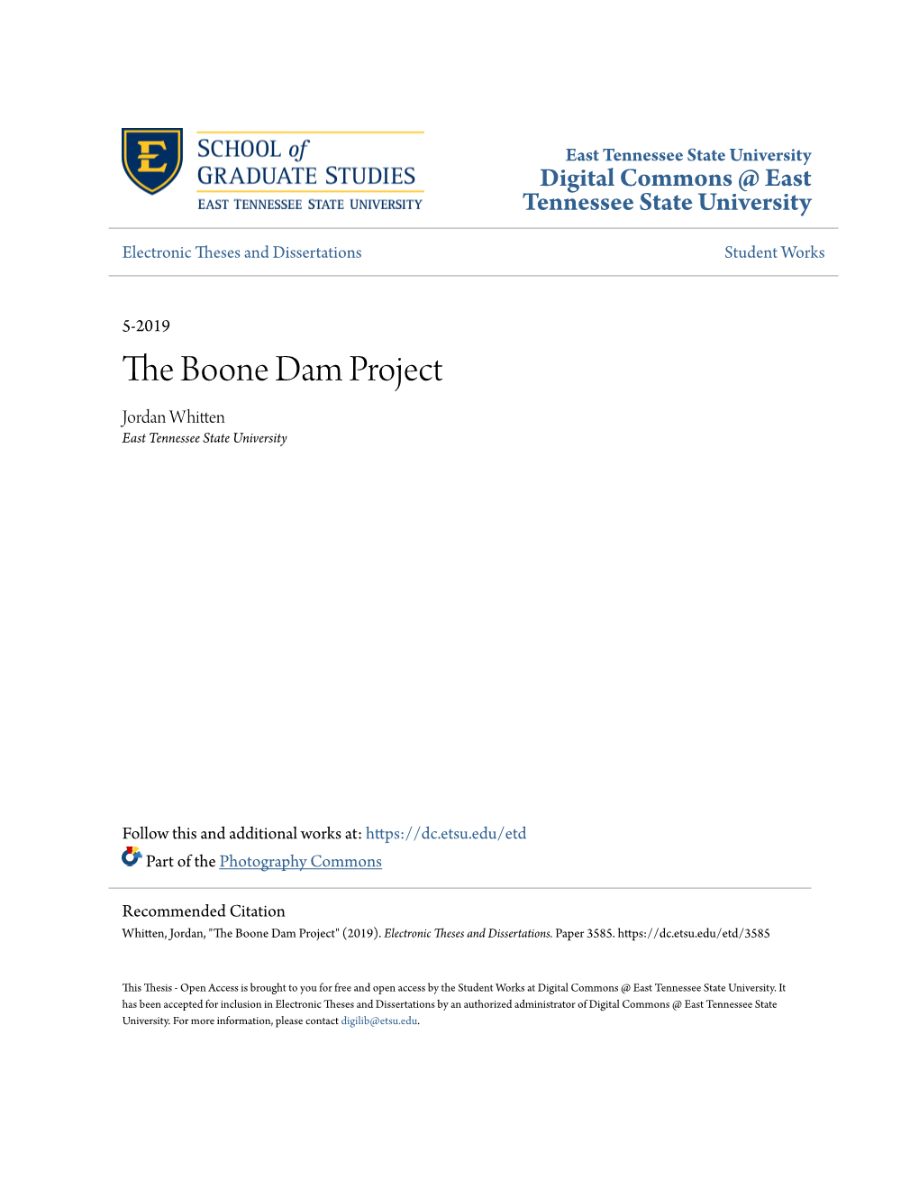The Boone Dam Project Jordan Whitten East Tennessee State University
