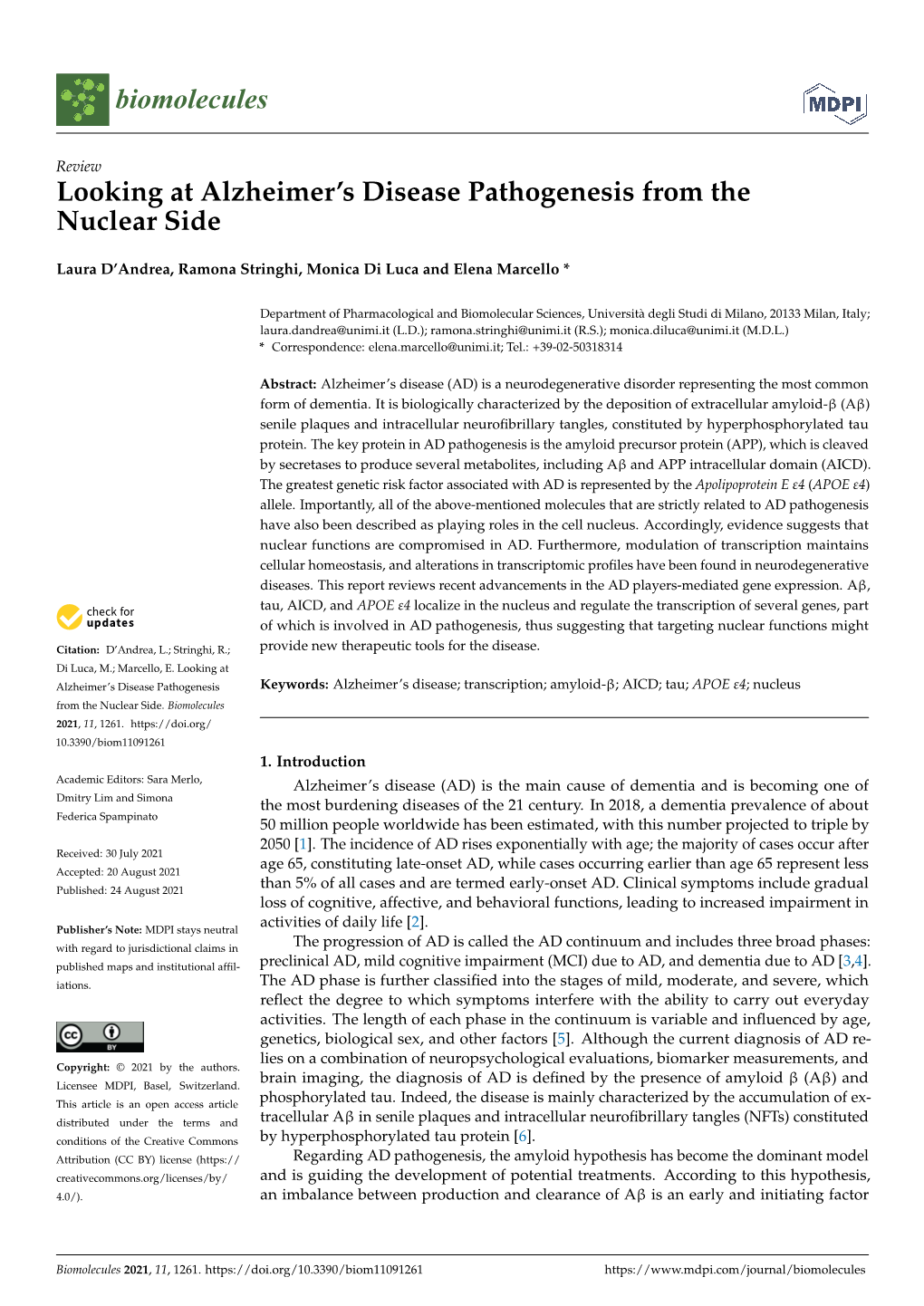 Looking at Alzheimer's Disease Pathogenesis from the Nuclear Side