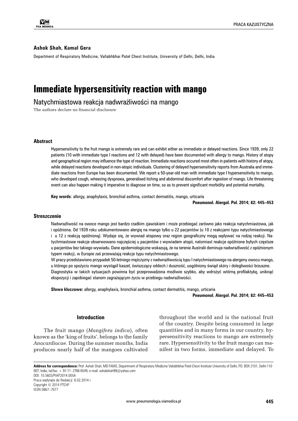 Immediate Hypersensitivity Reaction with Mango Natychmiastowa Reakcja Nadwrażliwości Na Mango the Authors Declare No Financial Disclosure