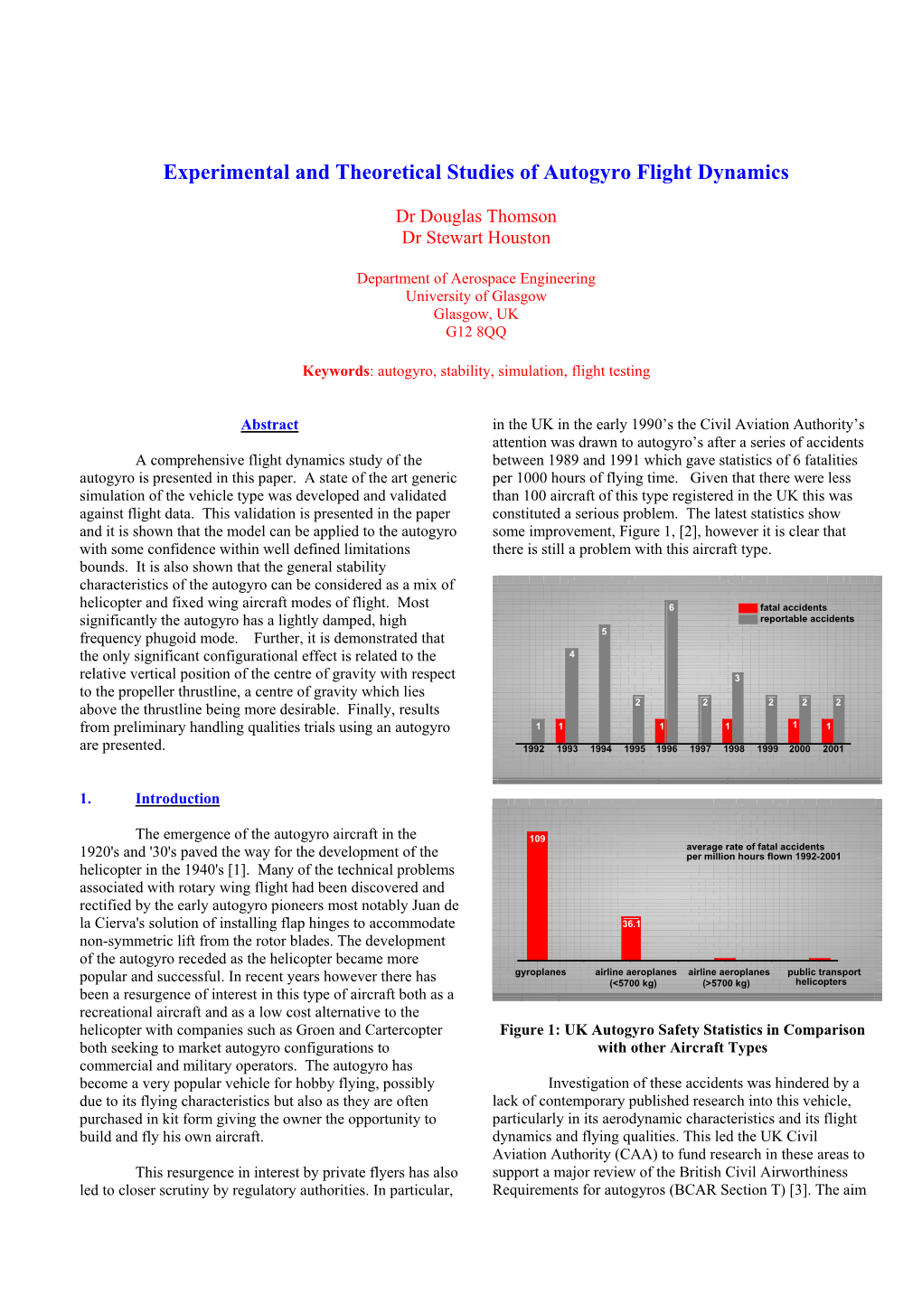 Experimental and Theoretical Studies of Autogyro Fight Dynamics