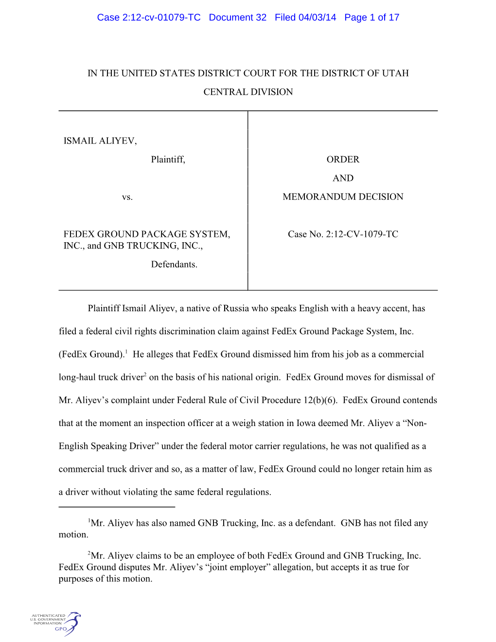 Case 2:12-Cv-01079-TC Document 32 Filed 04/03/14 Page 1 of 17