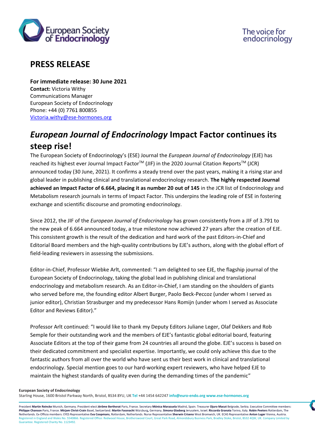 PRESS RELEASE European Journal of Endocrinology Impact Factor